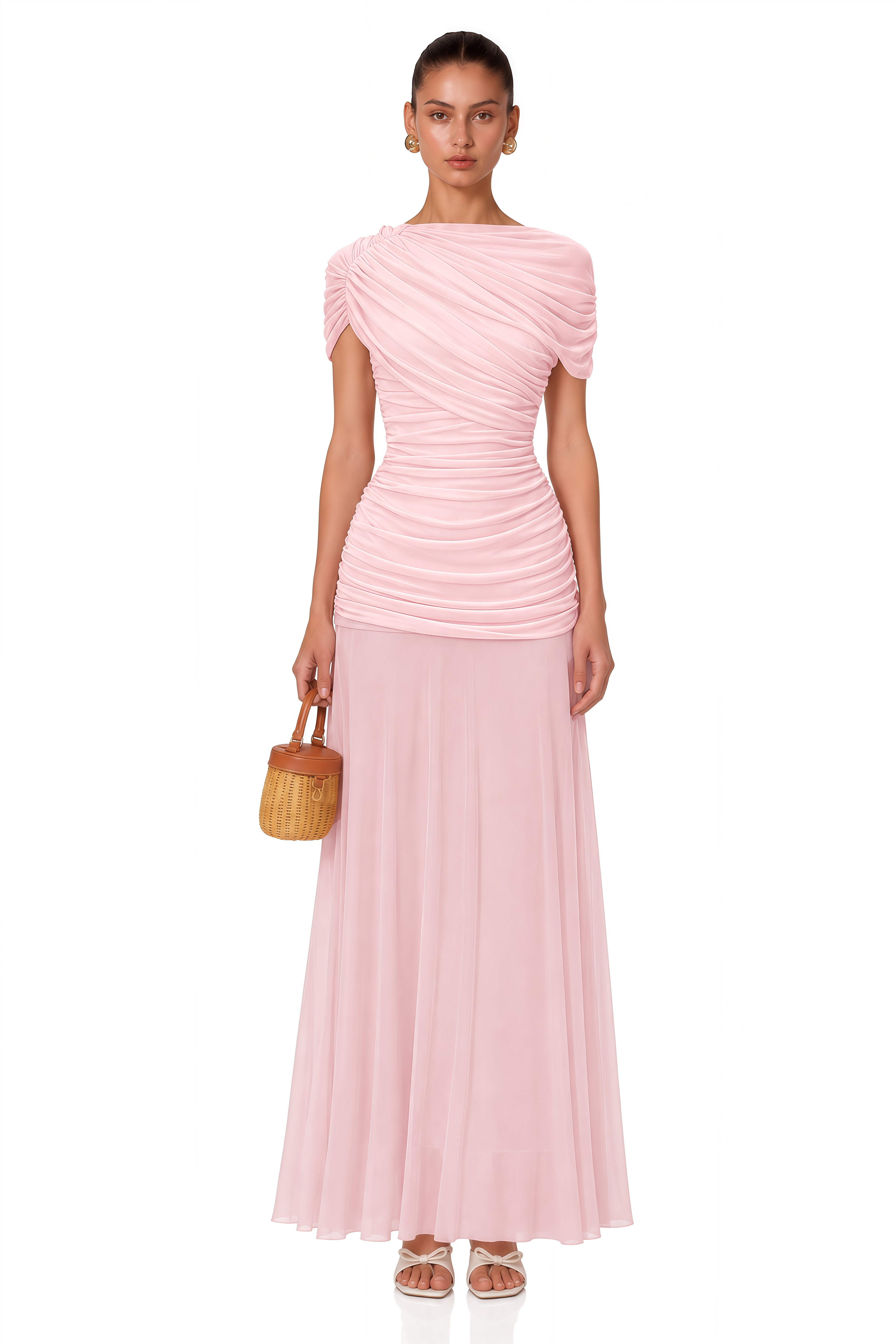Rosalyn Pink Crew Neck Ruched Maxi Dress