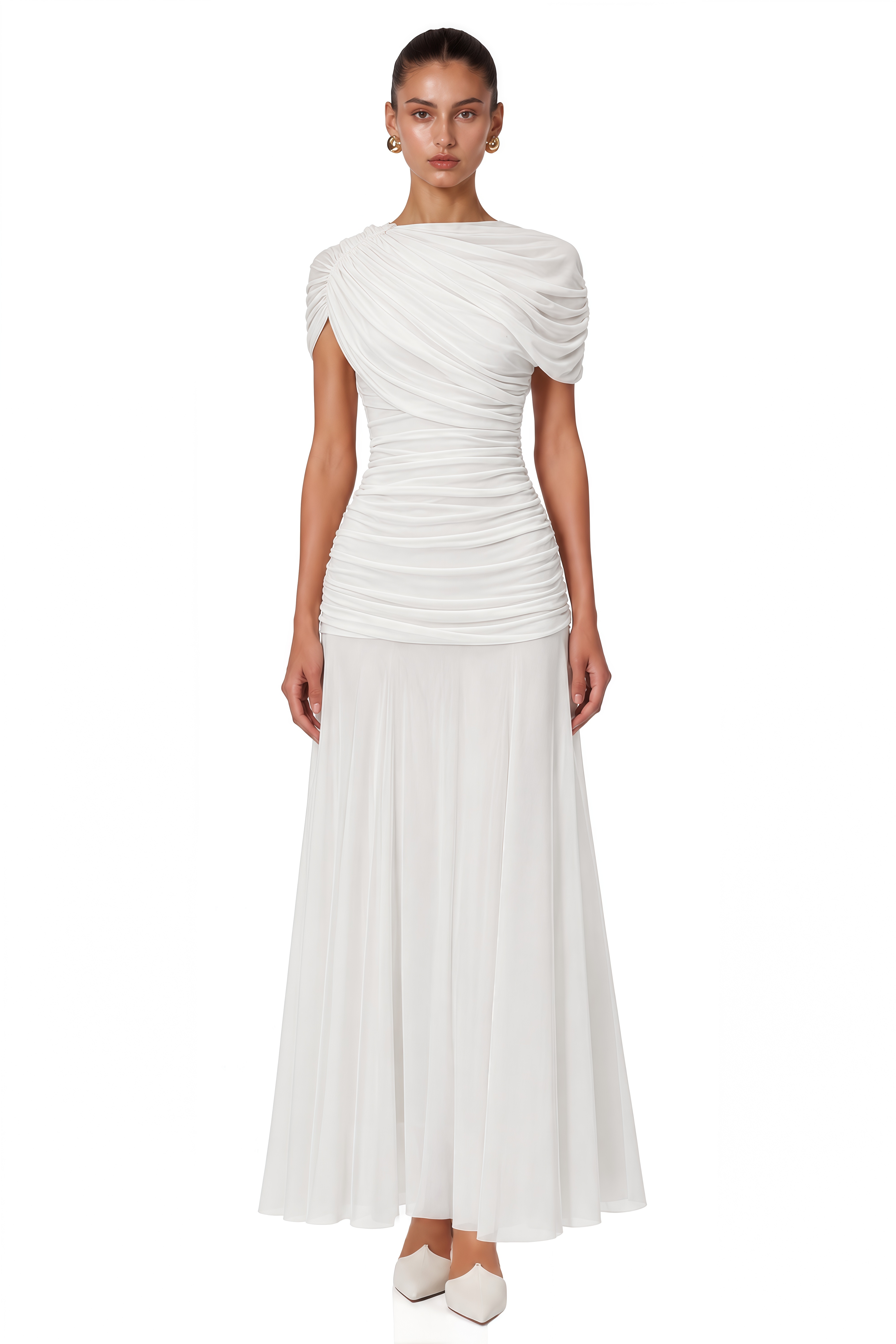 Rosalyn White Crew Neck Ruched Maxi Dress