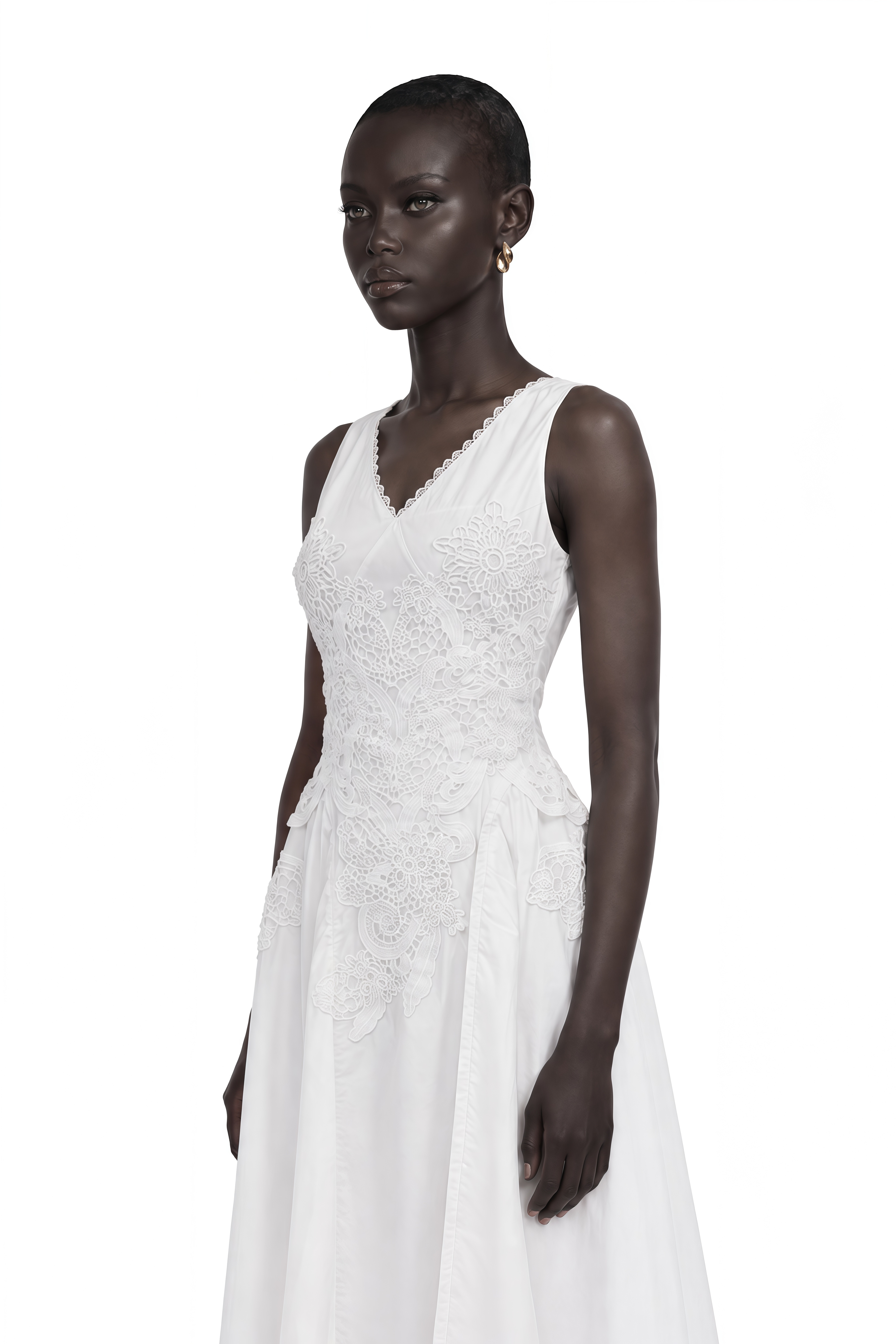 Gertrude White V-Neck Lace Midi Dress