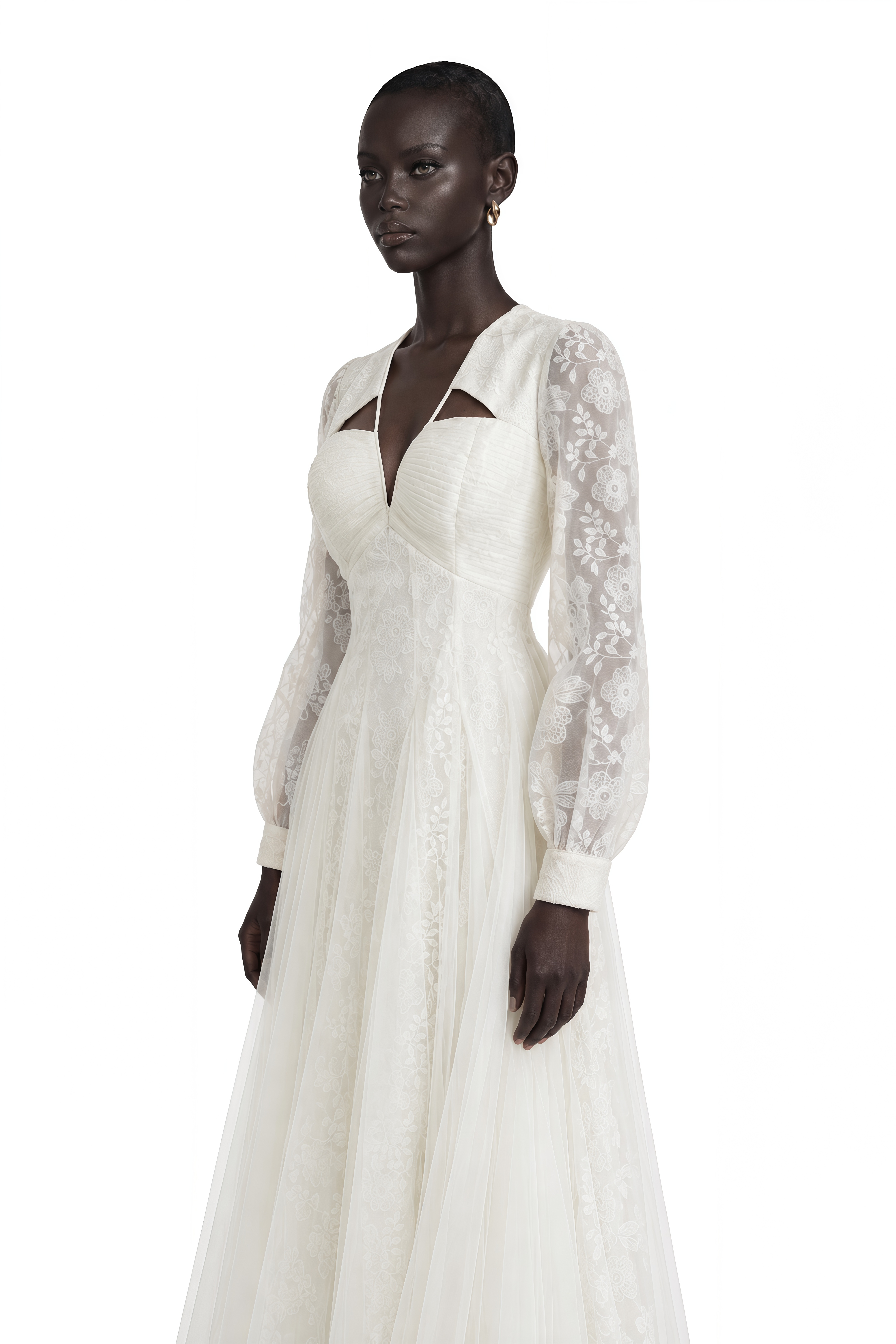 Eirlys White Floral Lace Tulle Midi Dress
