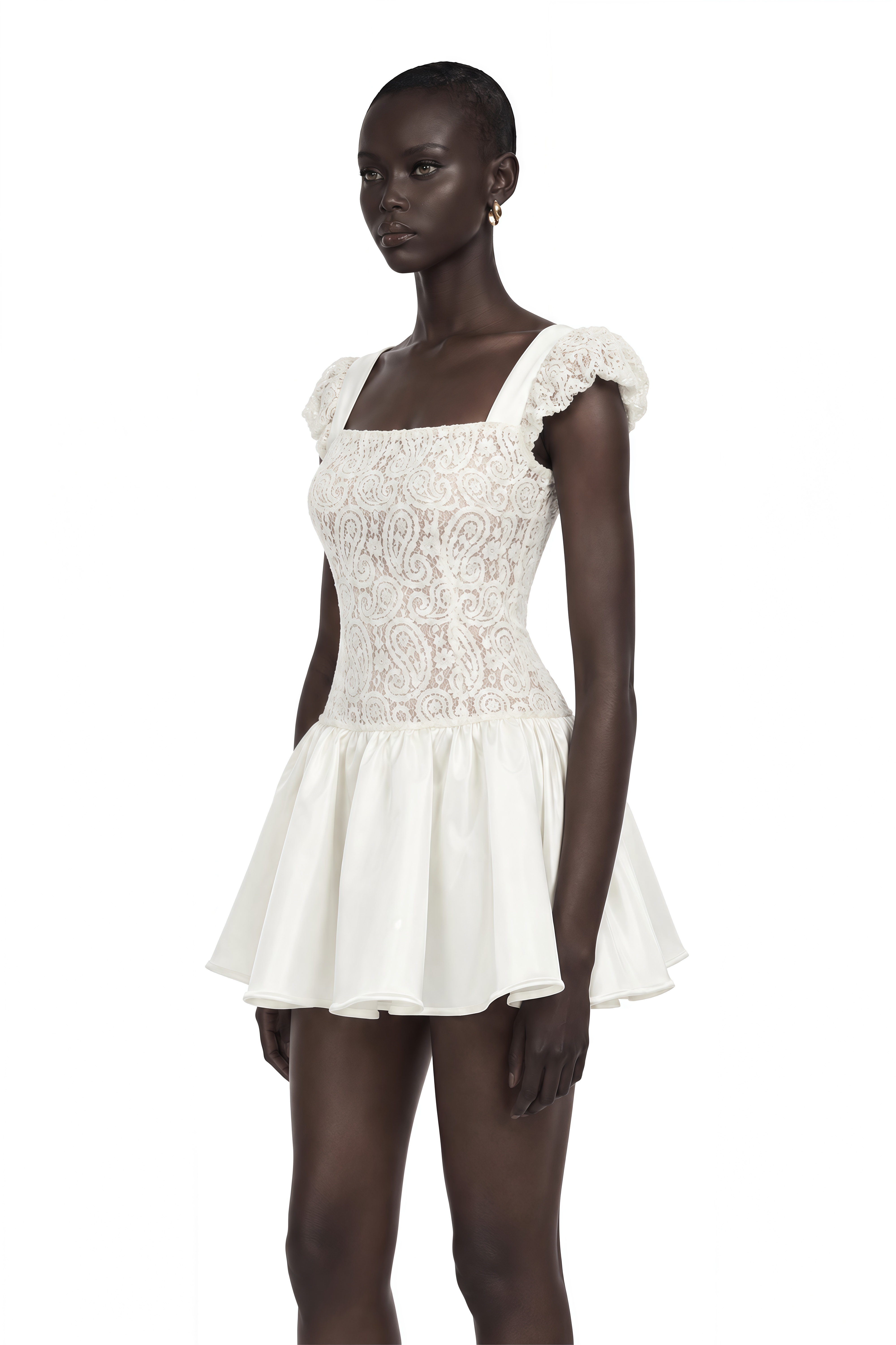 Hermione White Square Neck Mini Dress with Lace Panels