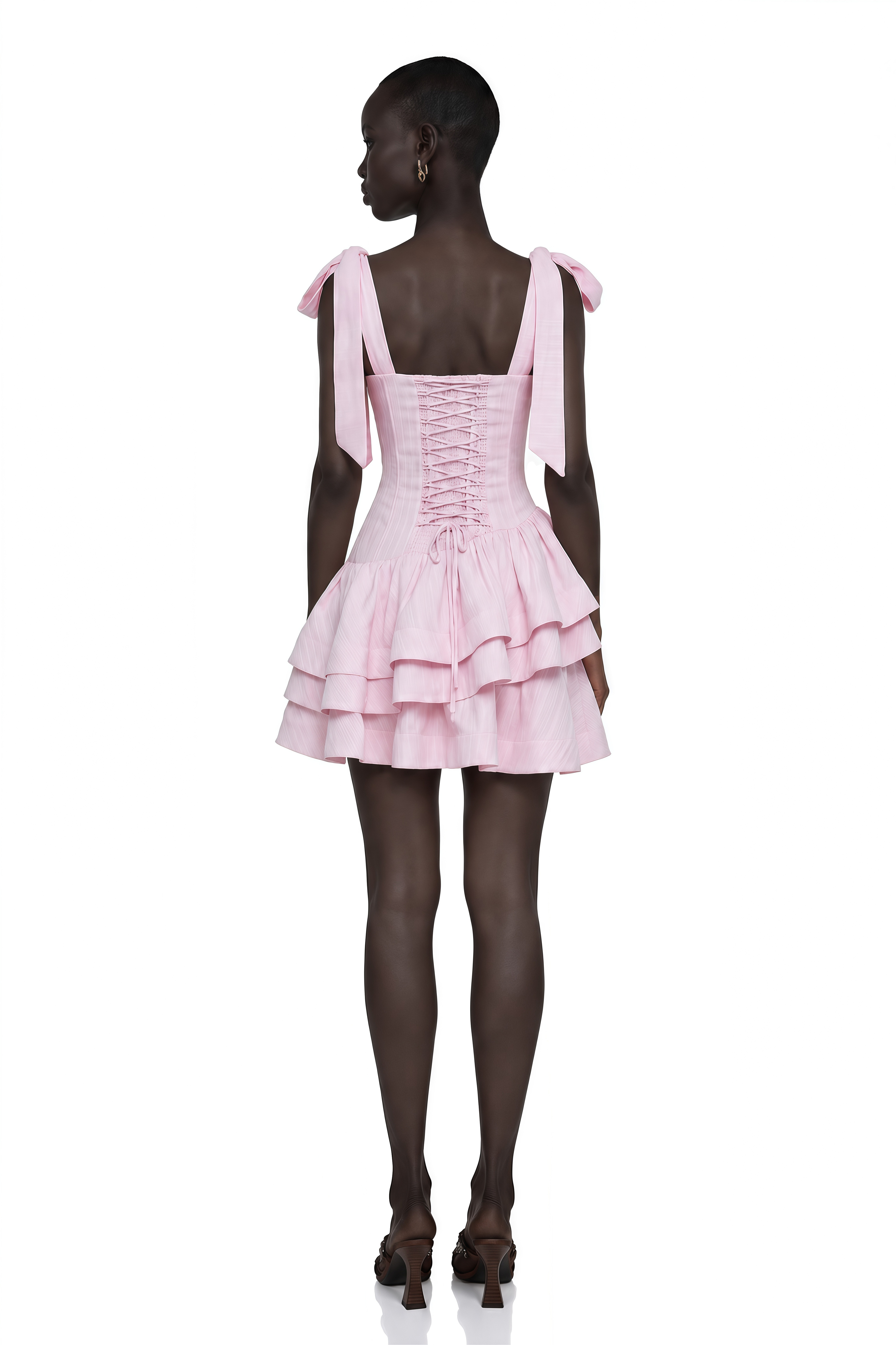 Rahab Pink Lace-Up Tiered Mini Dress