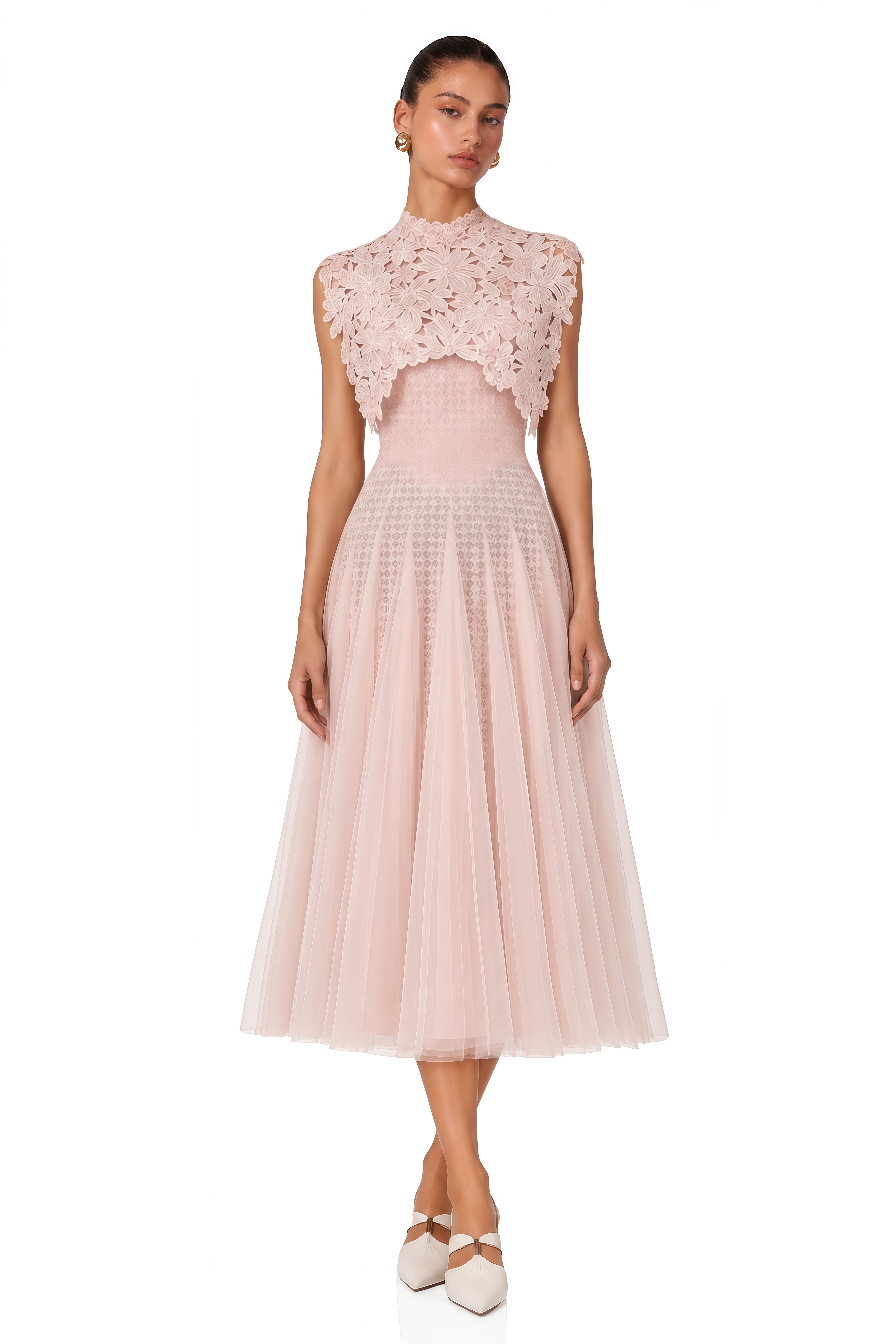 Margaret Light Pink Floral Crochet Midi Dress