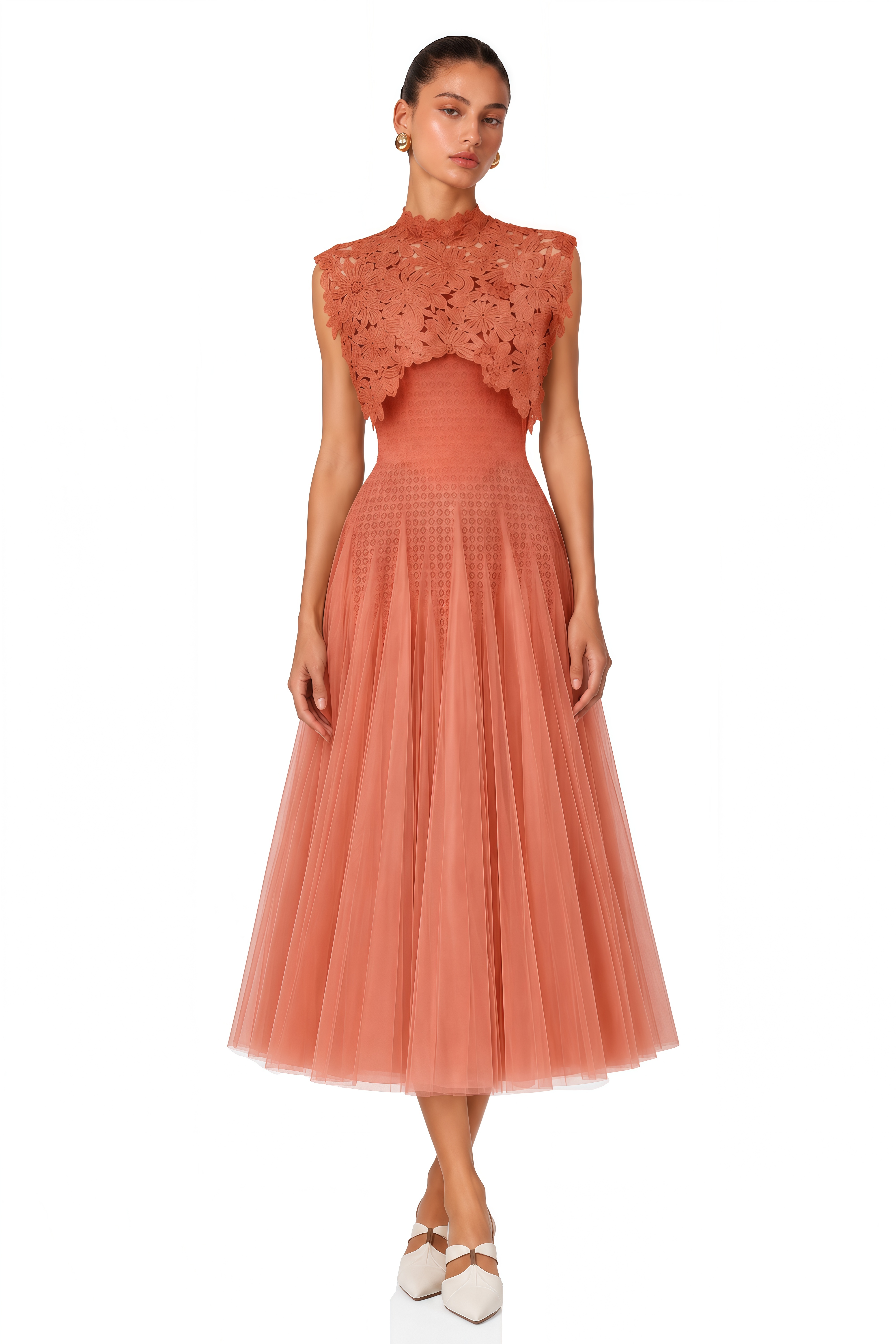 Margaret Orange Floral Crochet Midi Dress
