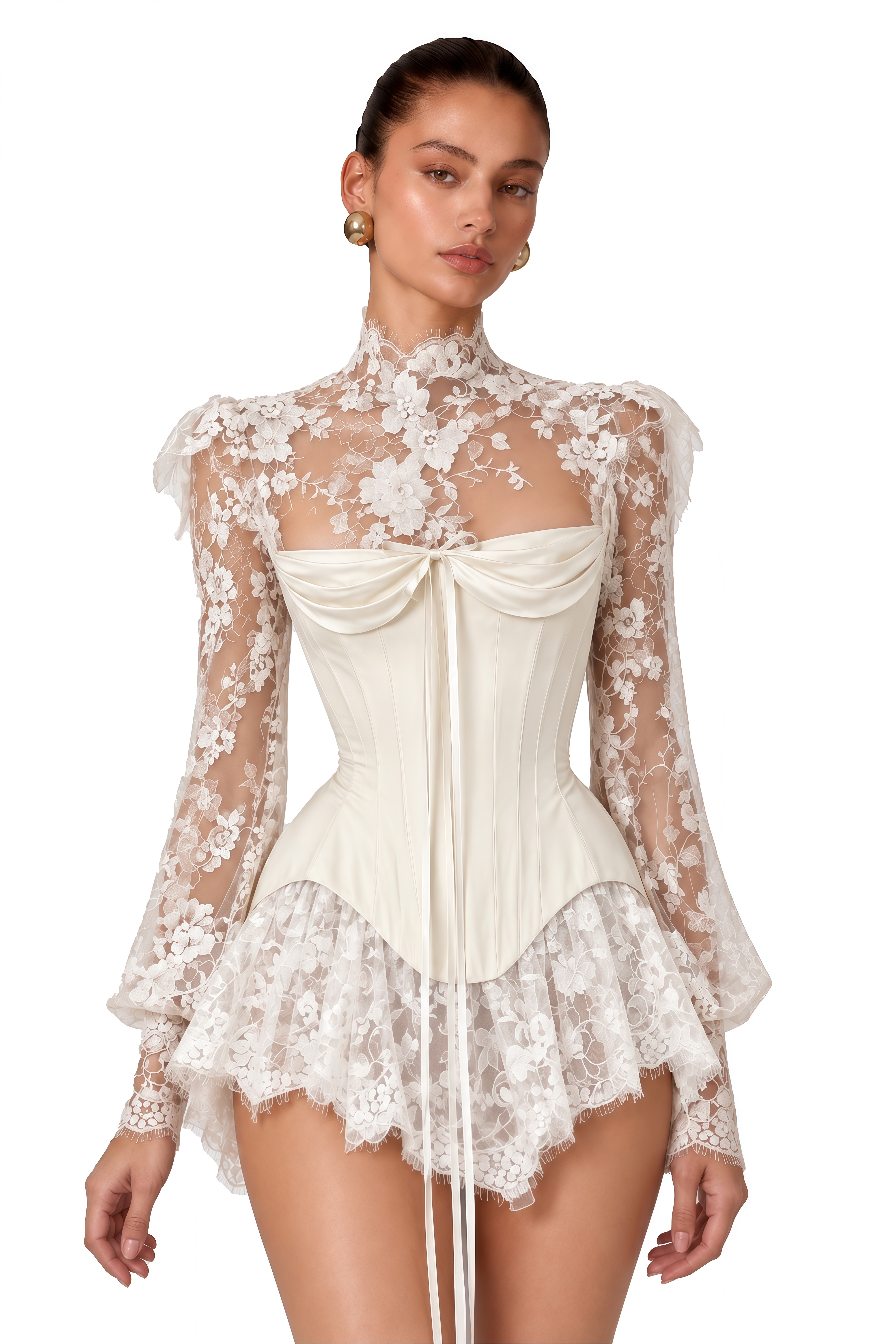 Michalina White Lace Convertible Gown with Long Sleeves