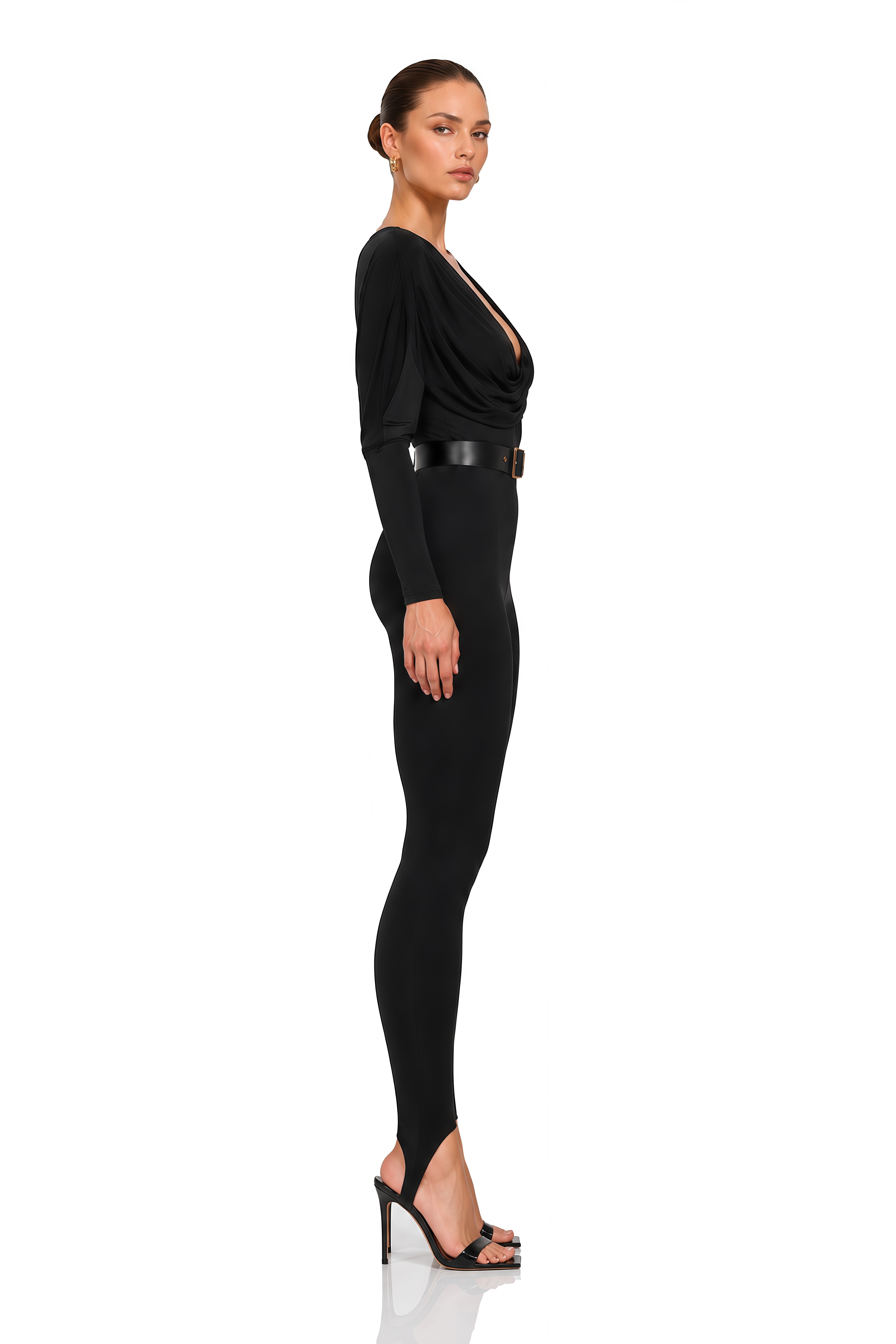 Gianina Black Deep V-Neck Draped Jumpsuit