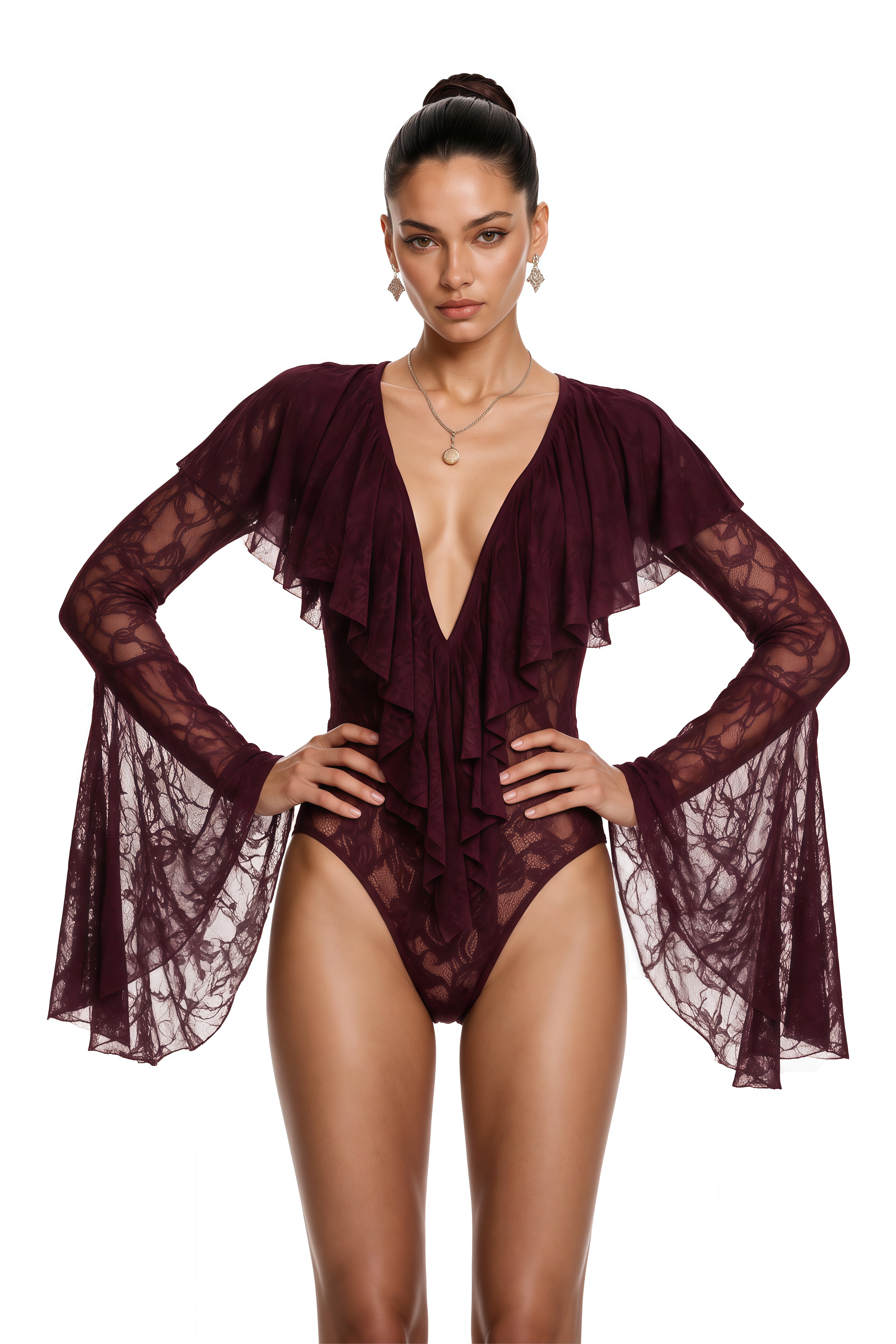 Ruan Burgundy Ruffled Lace Bodysuit