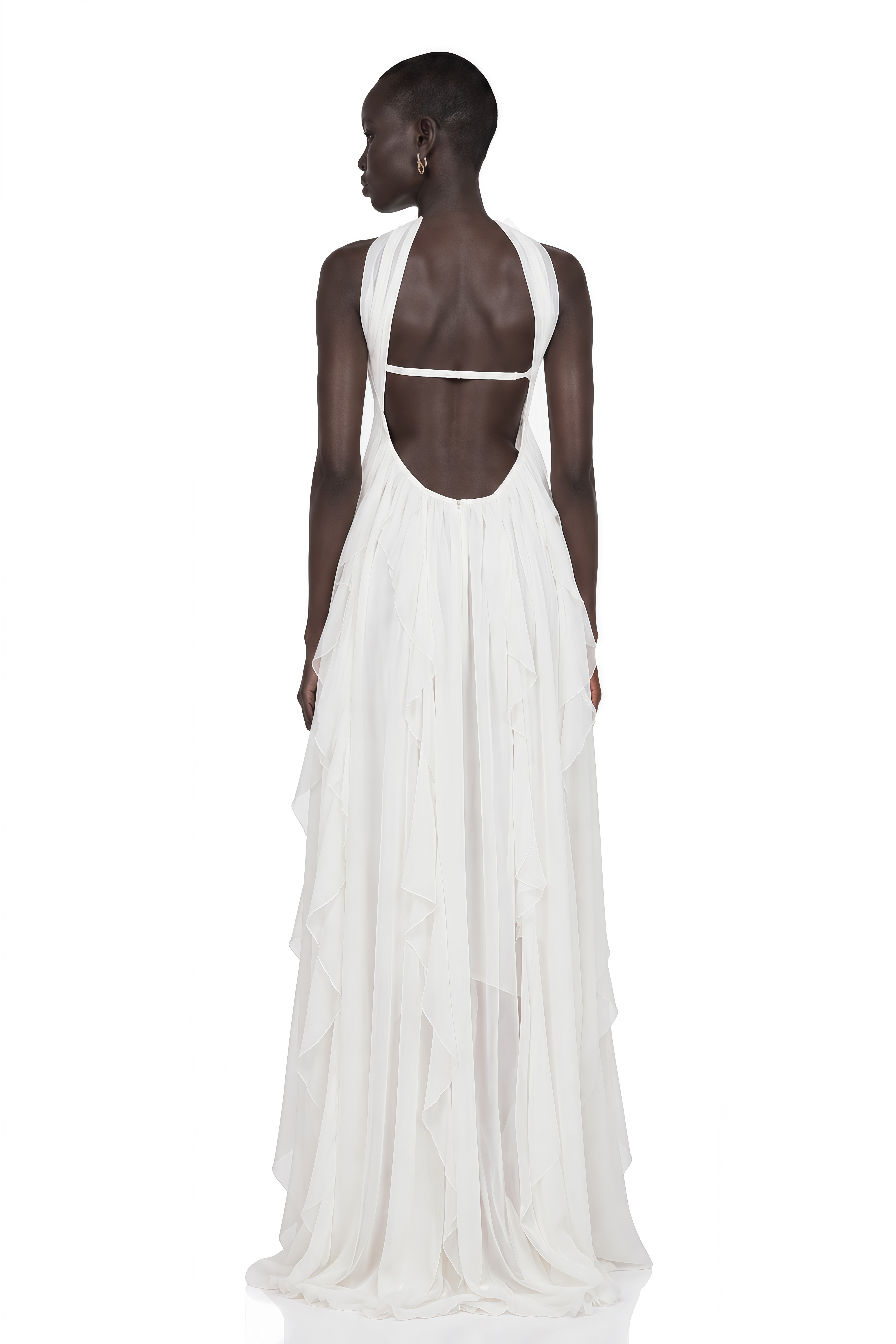 Mariah White Chiffon Ruffle Halterneck Maxi Dress – Miss Rosier