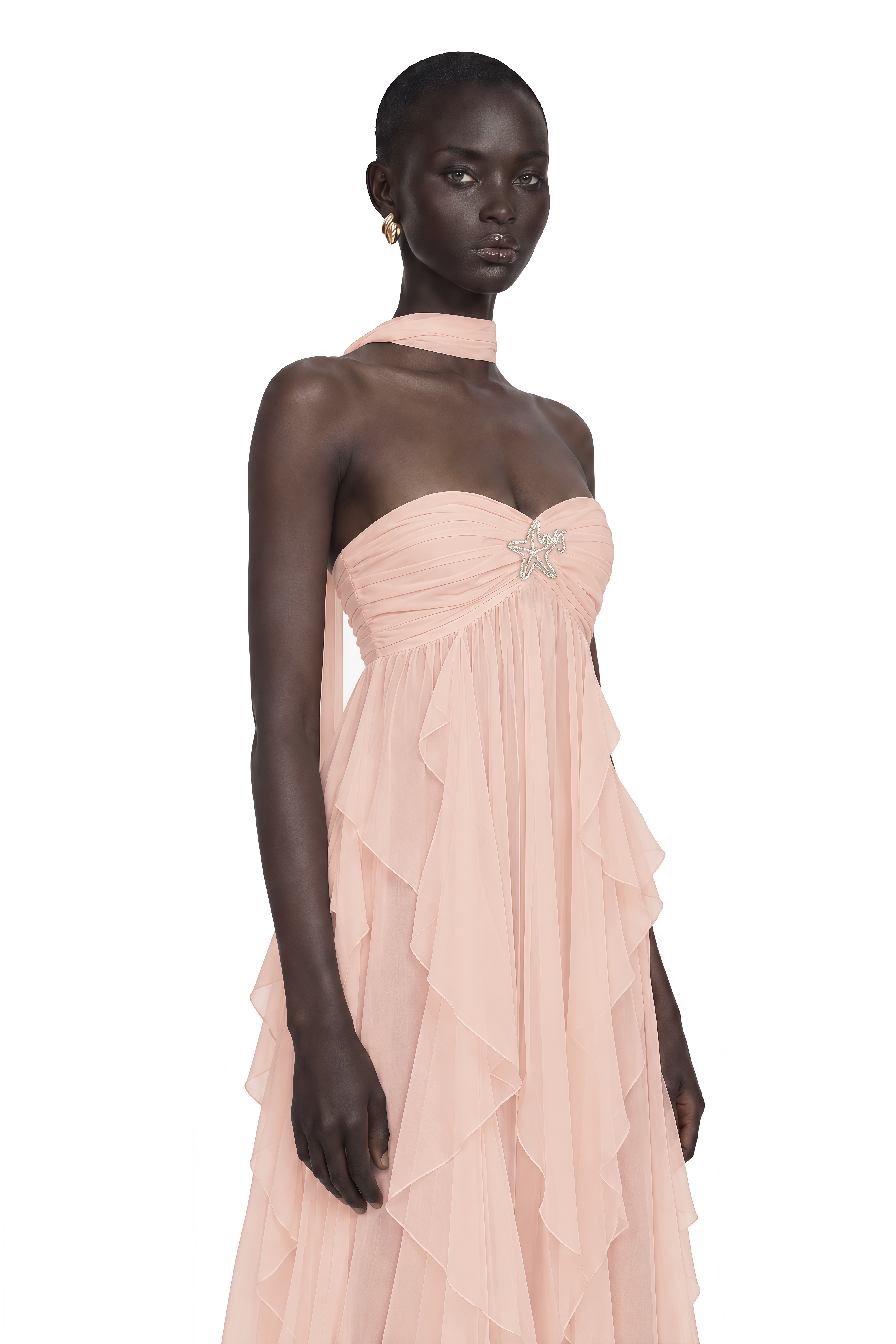 Mariah Pink Chiffon Ruffle Halterneck Maxi Dress