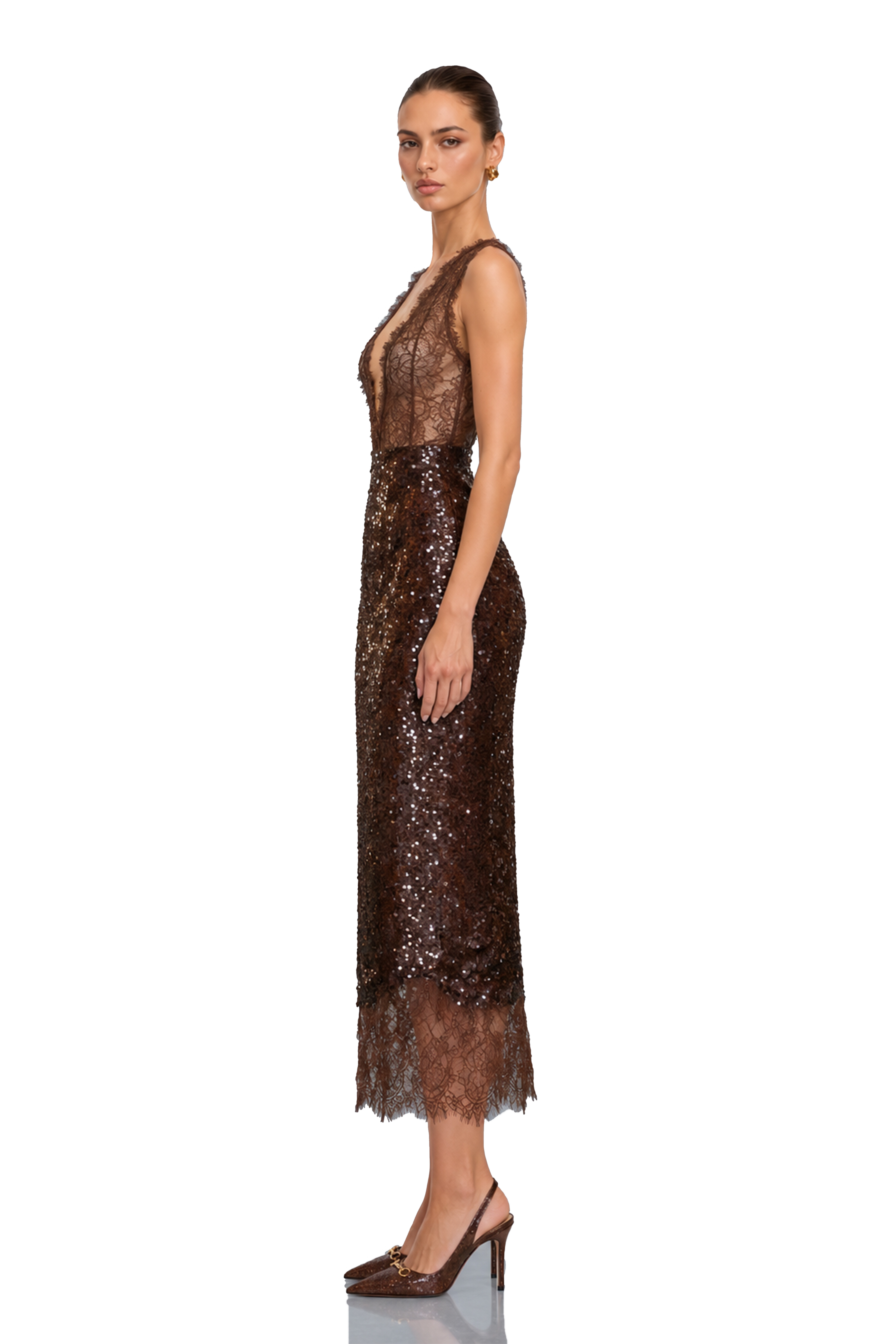 Ava Brown Lace Panel Sequined Maxi Dress