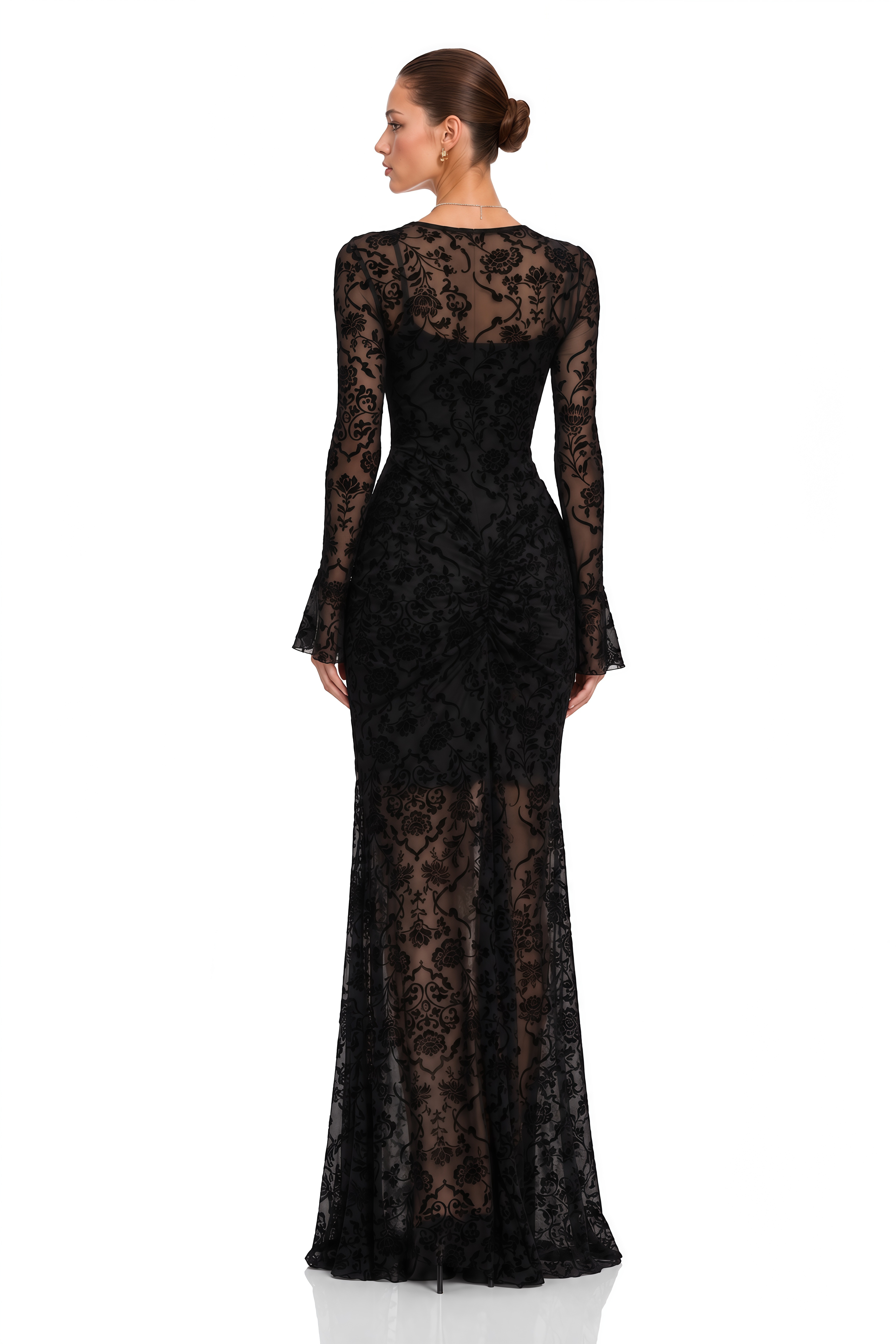 Kismet Black Flocked Floral Ruched Maxi Dress