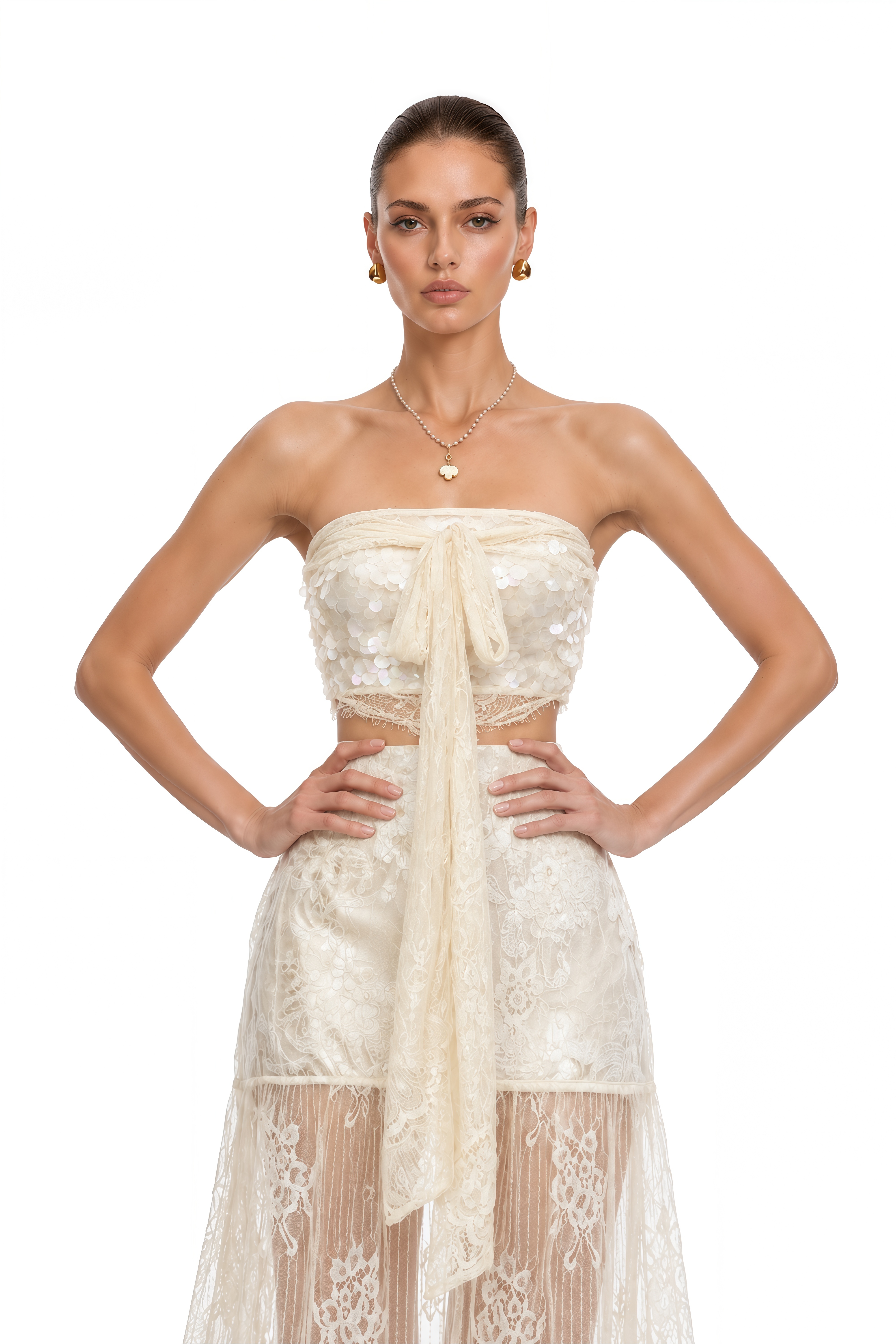 Dove Ivory Lace Bustier Top & Skirt Set with Bow