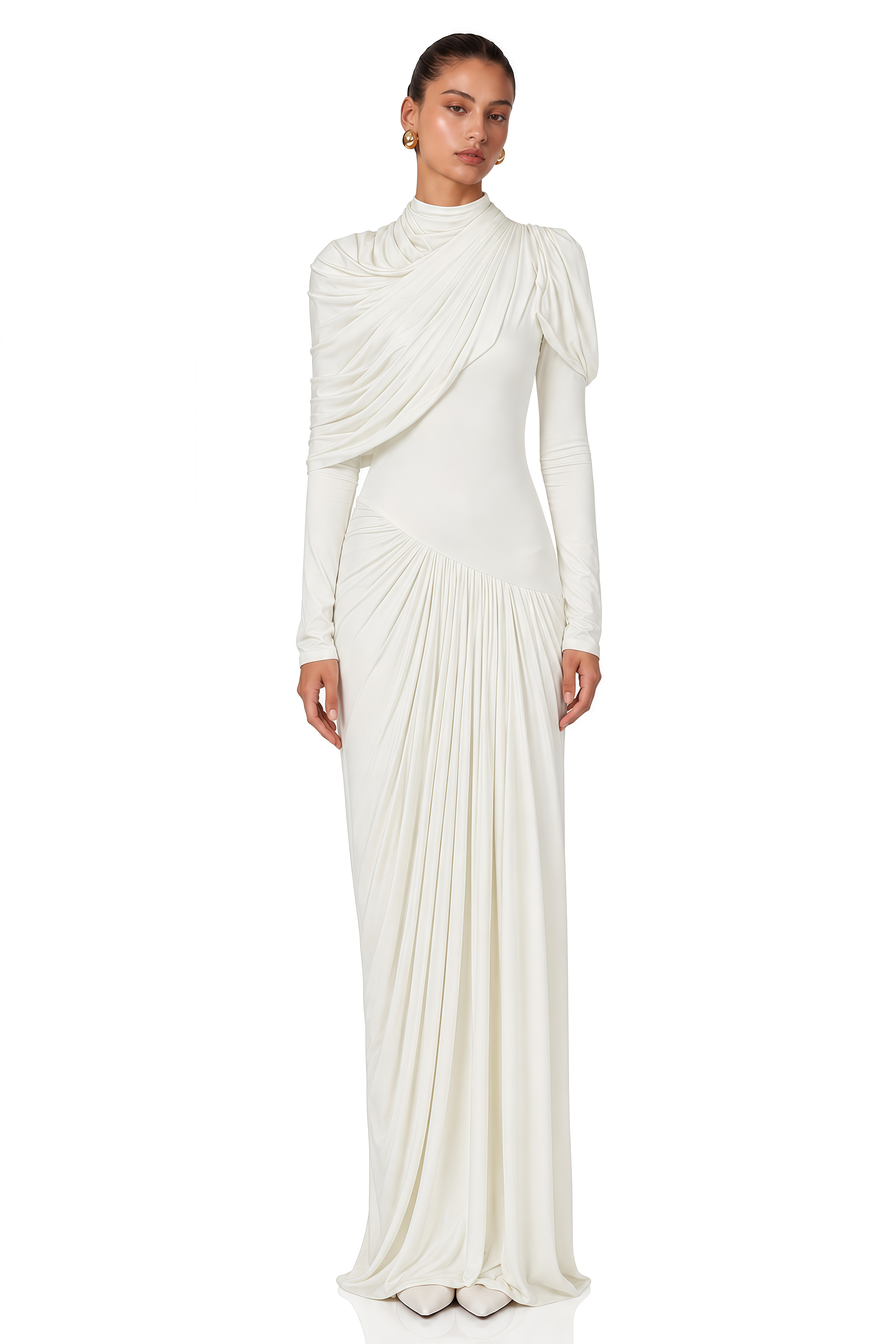 Bronwyn White Draped Pleated Asymmetrical Maxi Dress