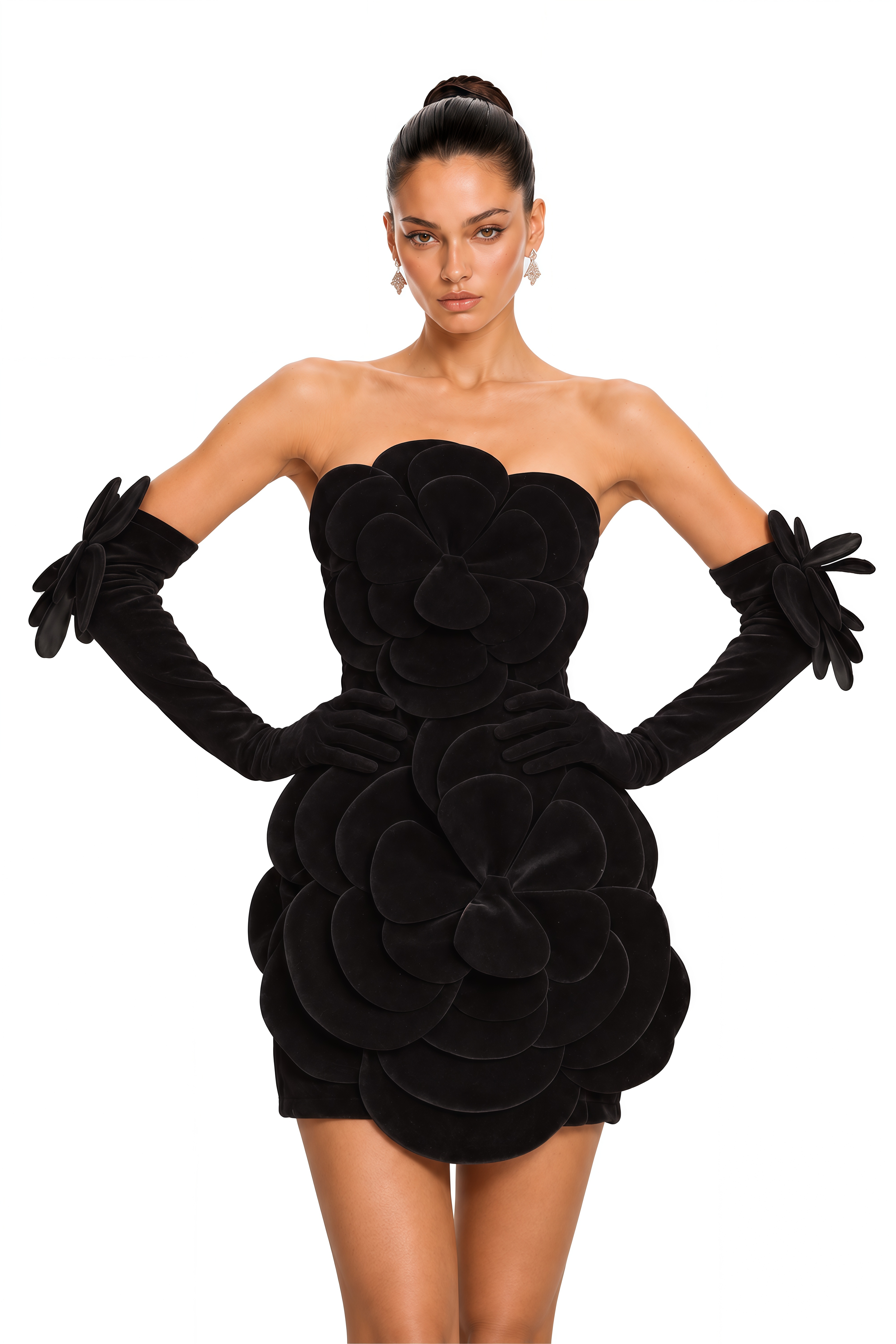 Azura Floral-Appliqué Mini Dress in Black