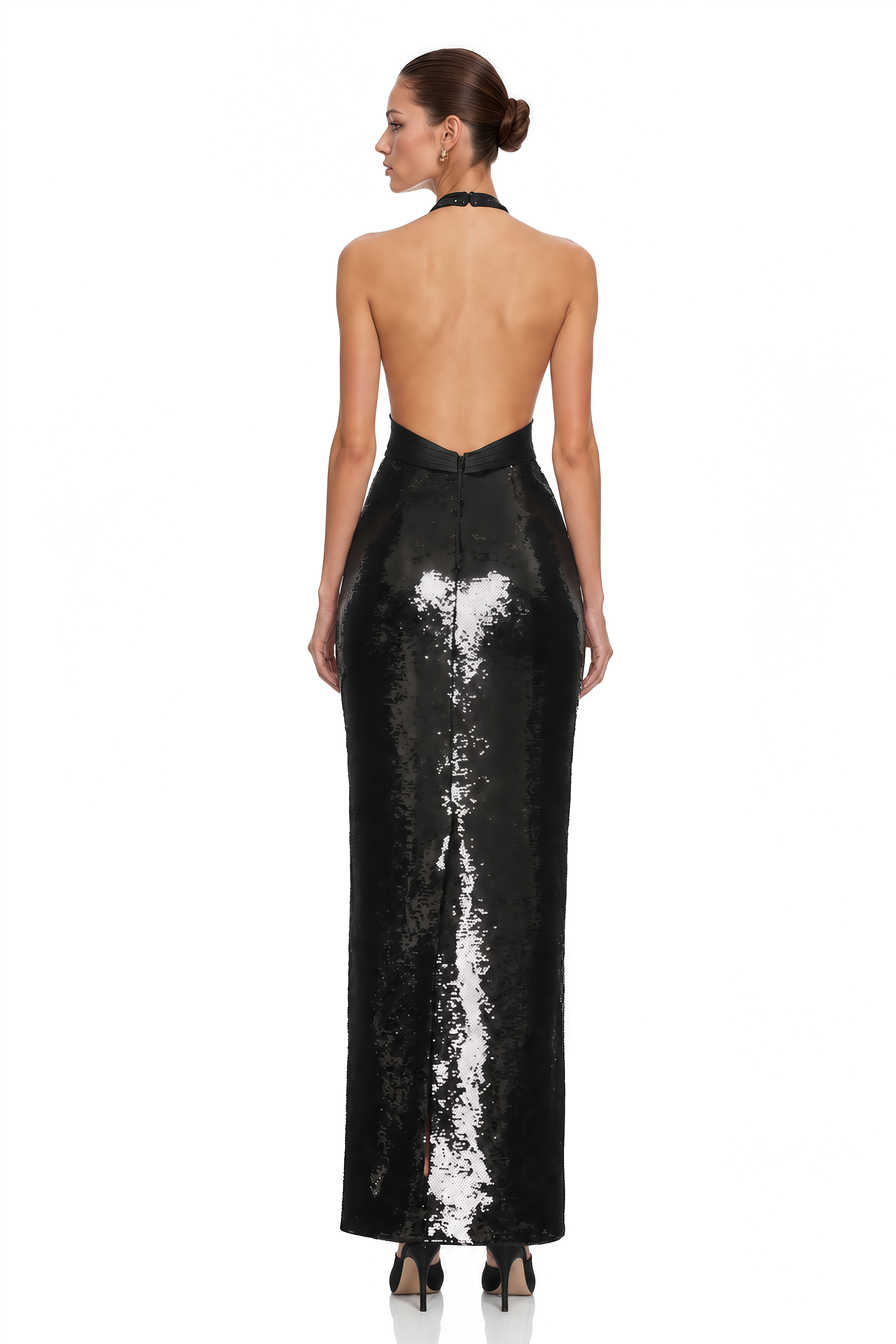Lavinia Black Plunge Neck Halterneck Sequin Maxi Dress