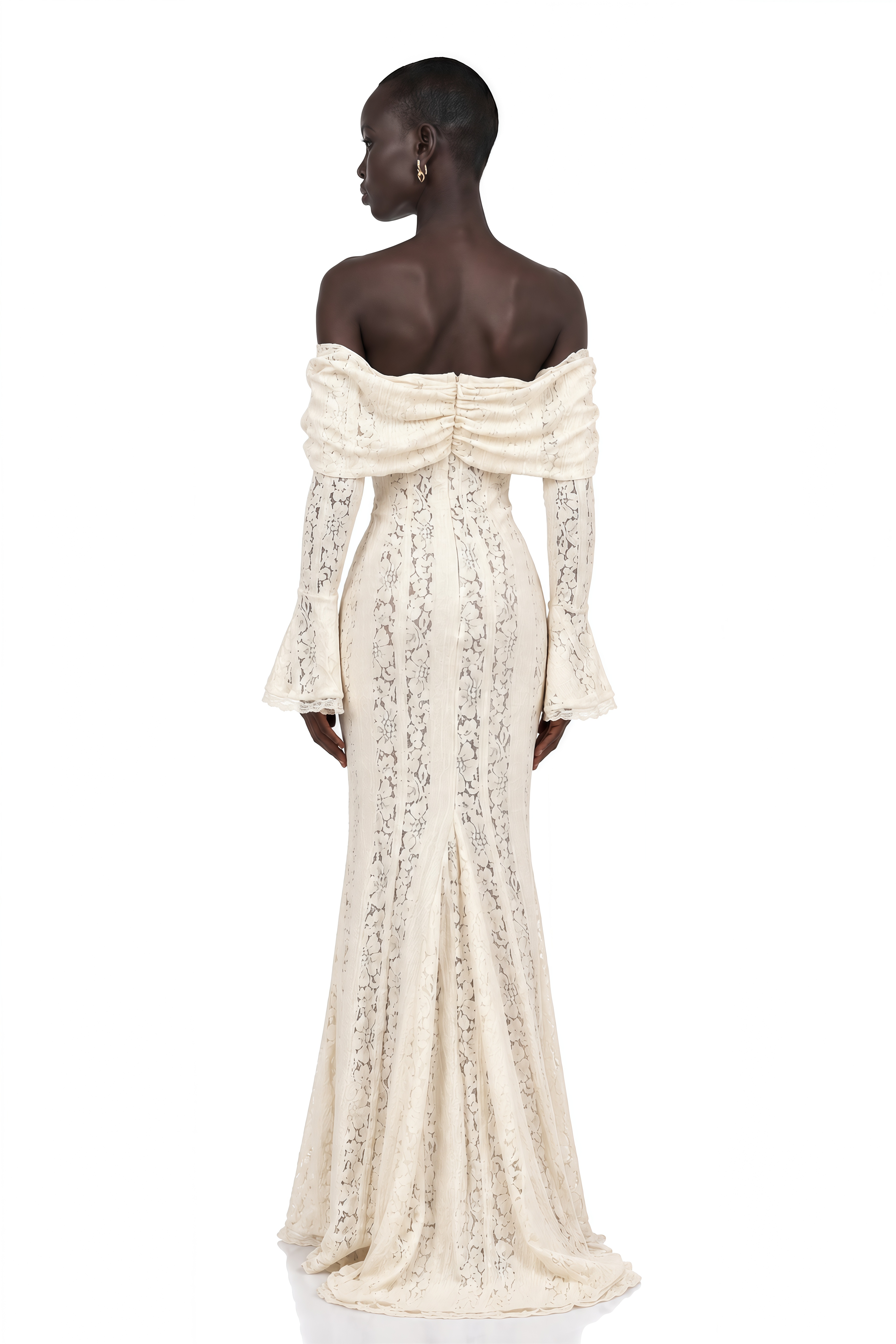 Émeline Floral Lace Train-Design Maxi Dress in Neutrals