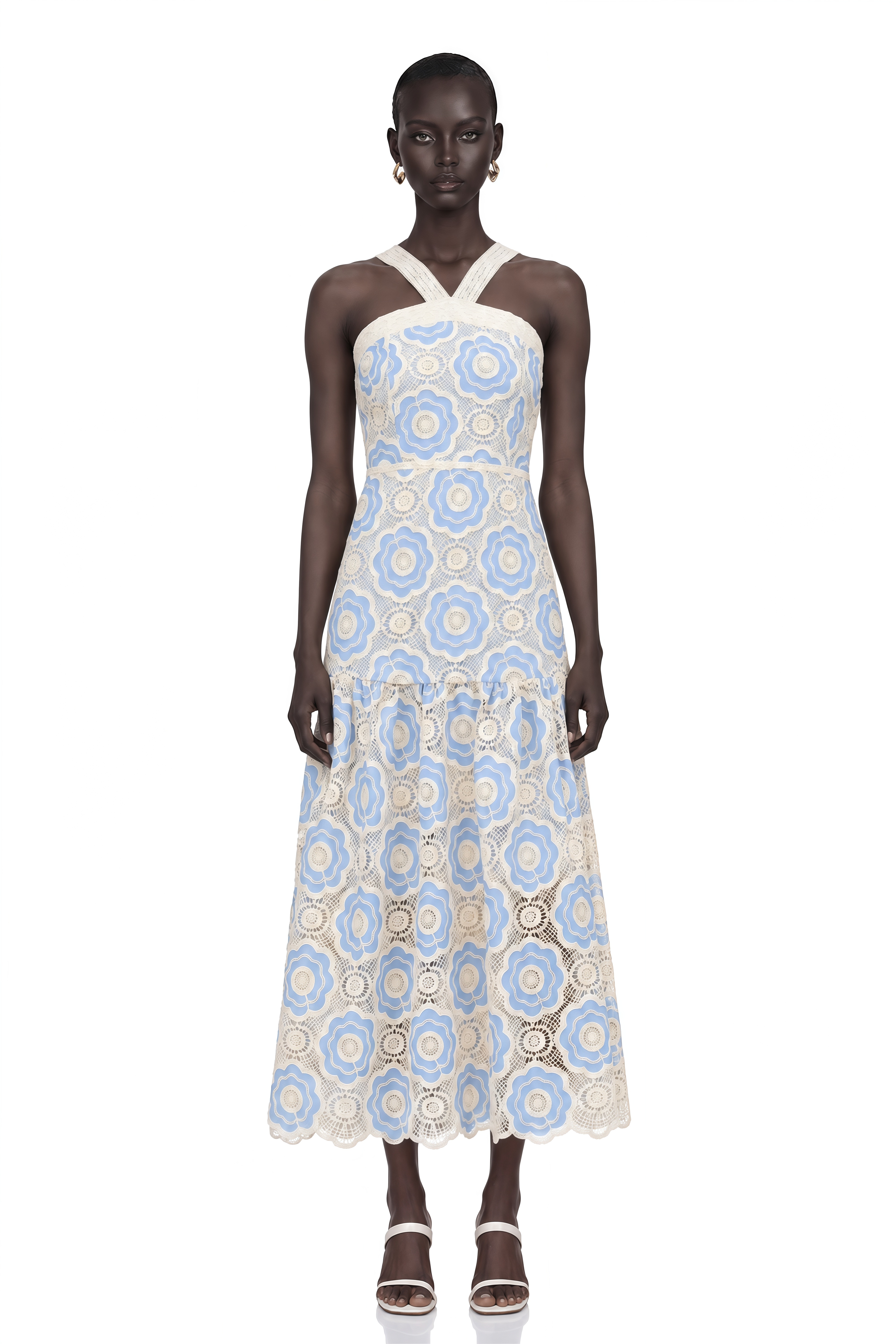 Frivole Blue Crochet Floral Midi Dress