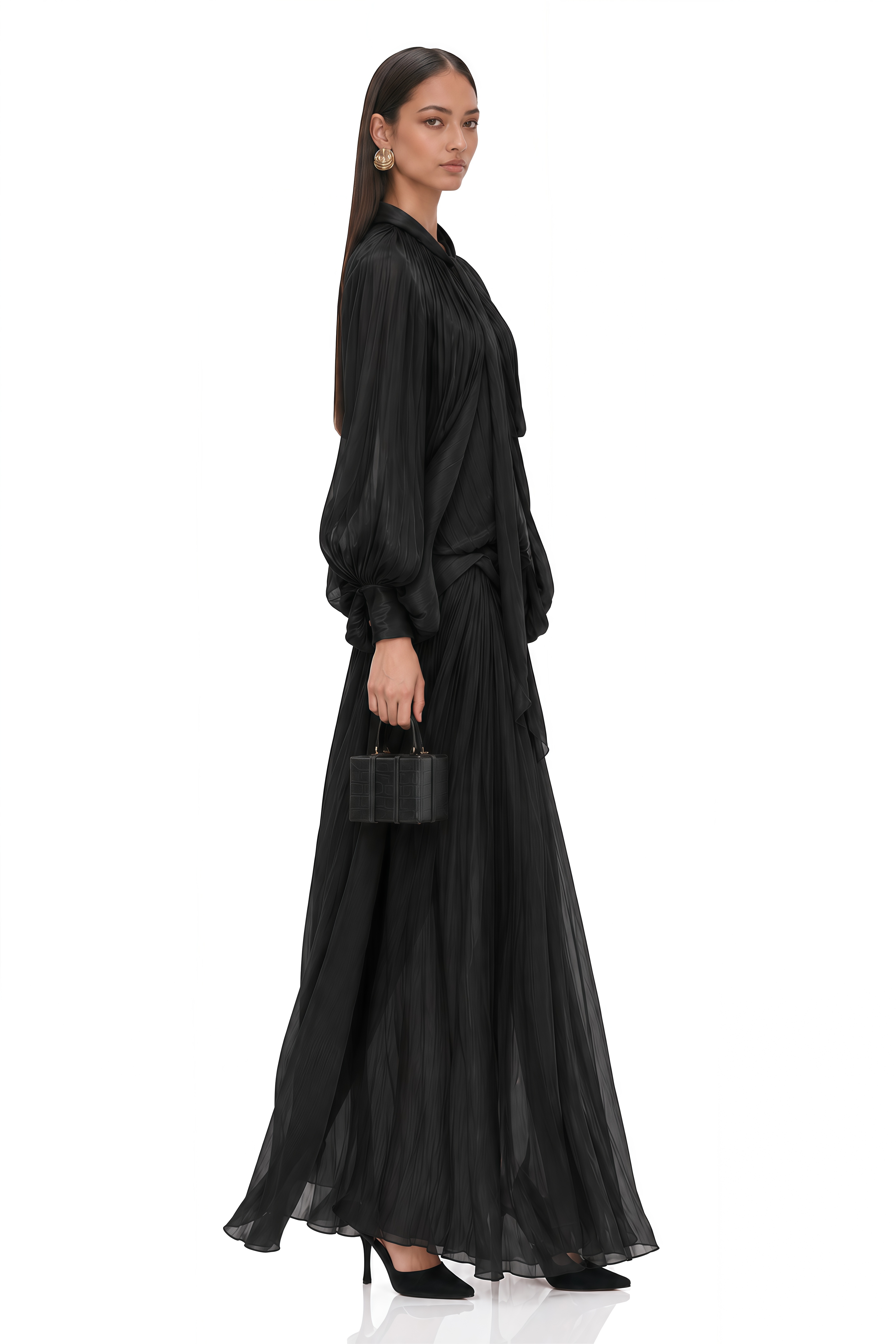 Mila Pleated Satin Maxi Dress in Black