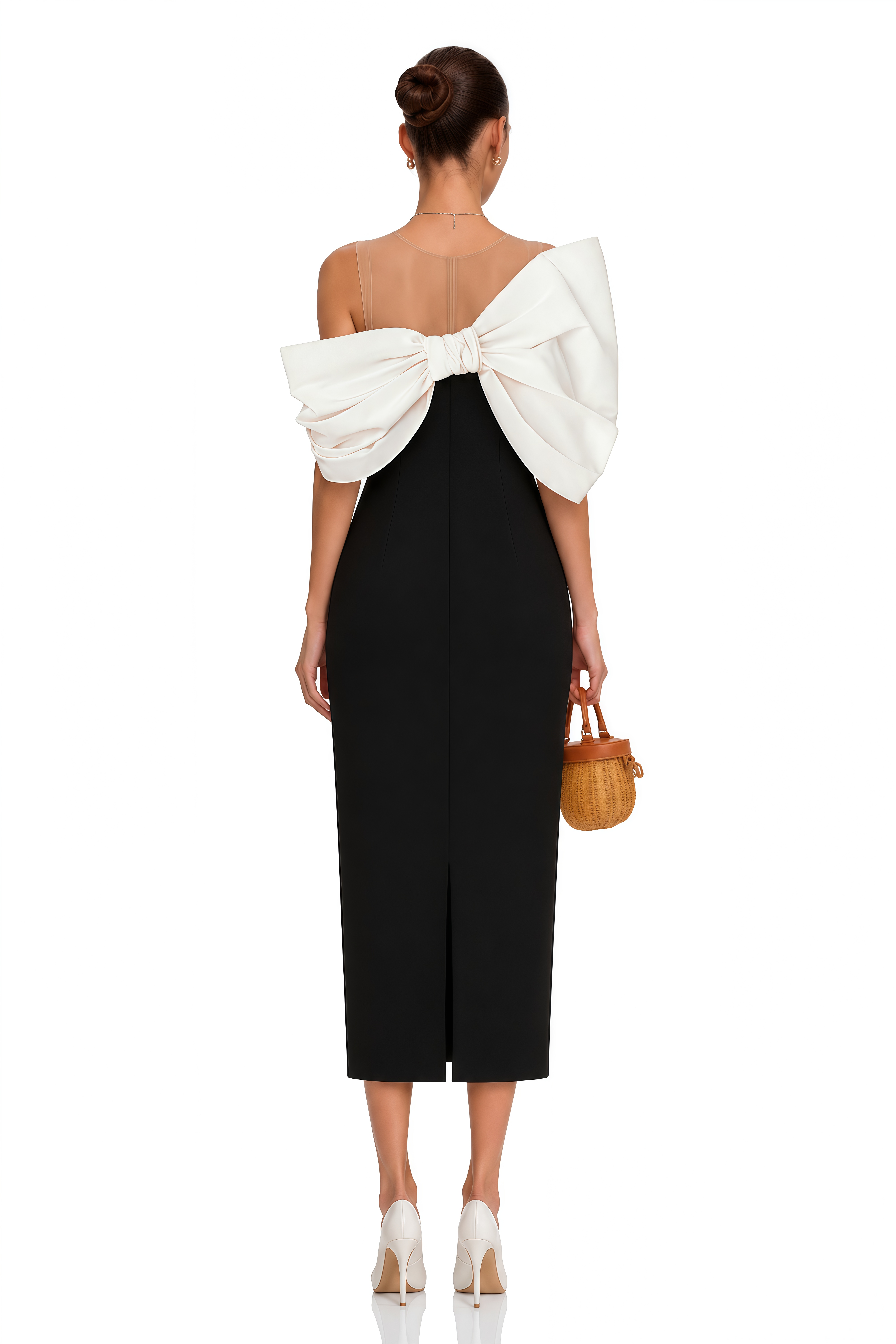 Leire Black Midi Dress with Asymmetrical Bow Detail