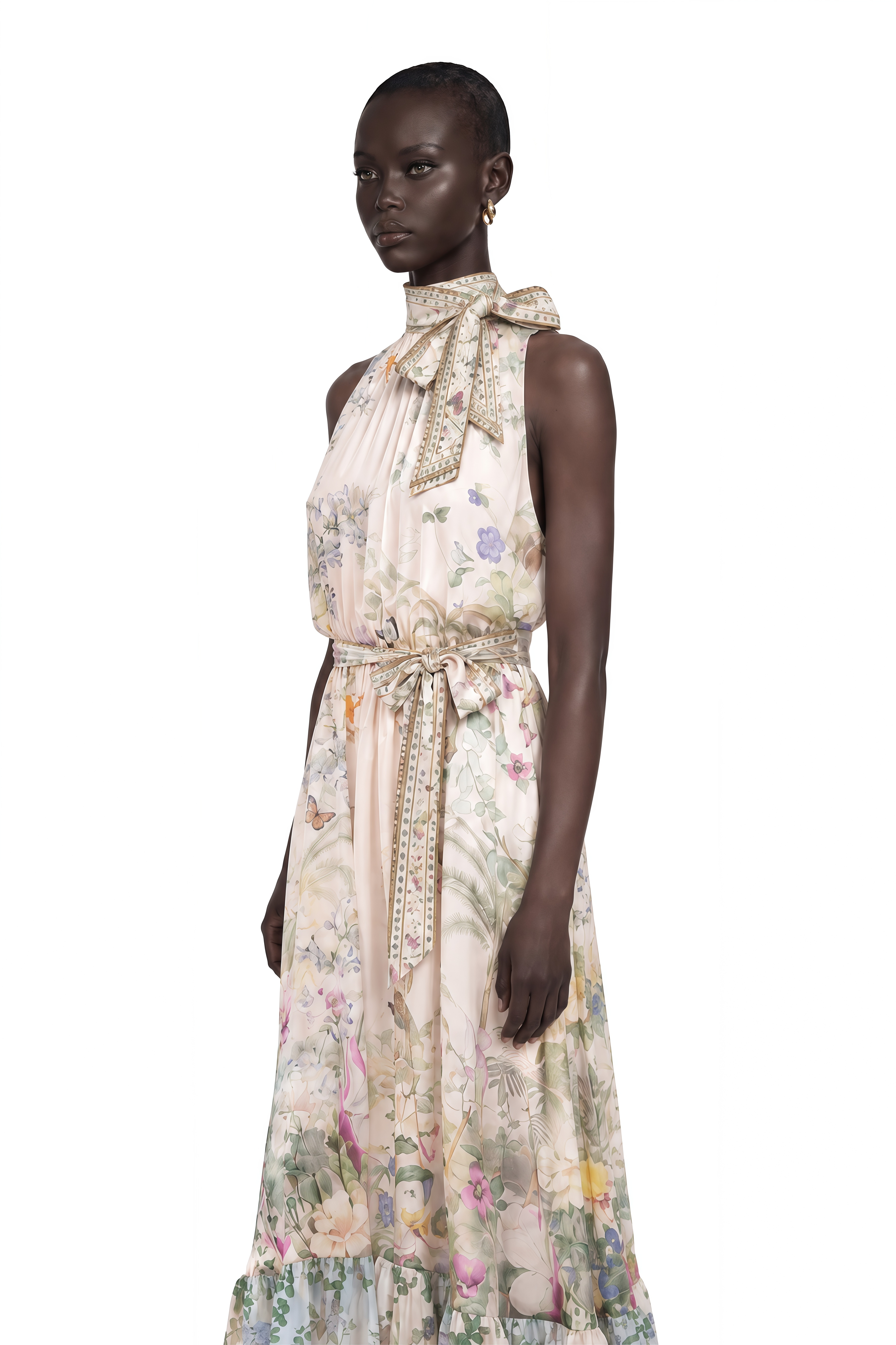 Madeleine Neutral Floral Print Satin Maxi Dress