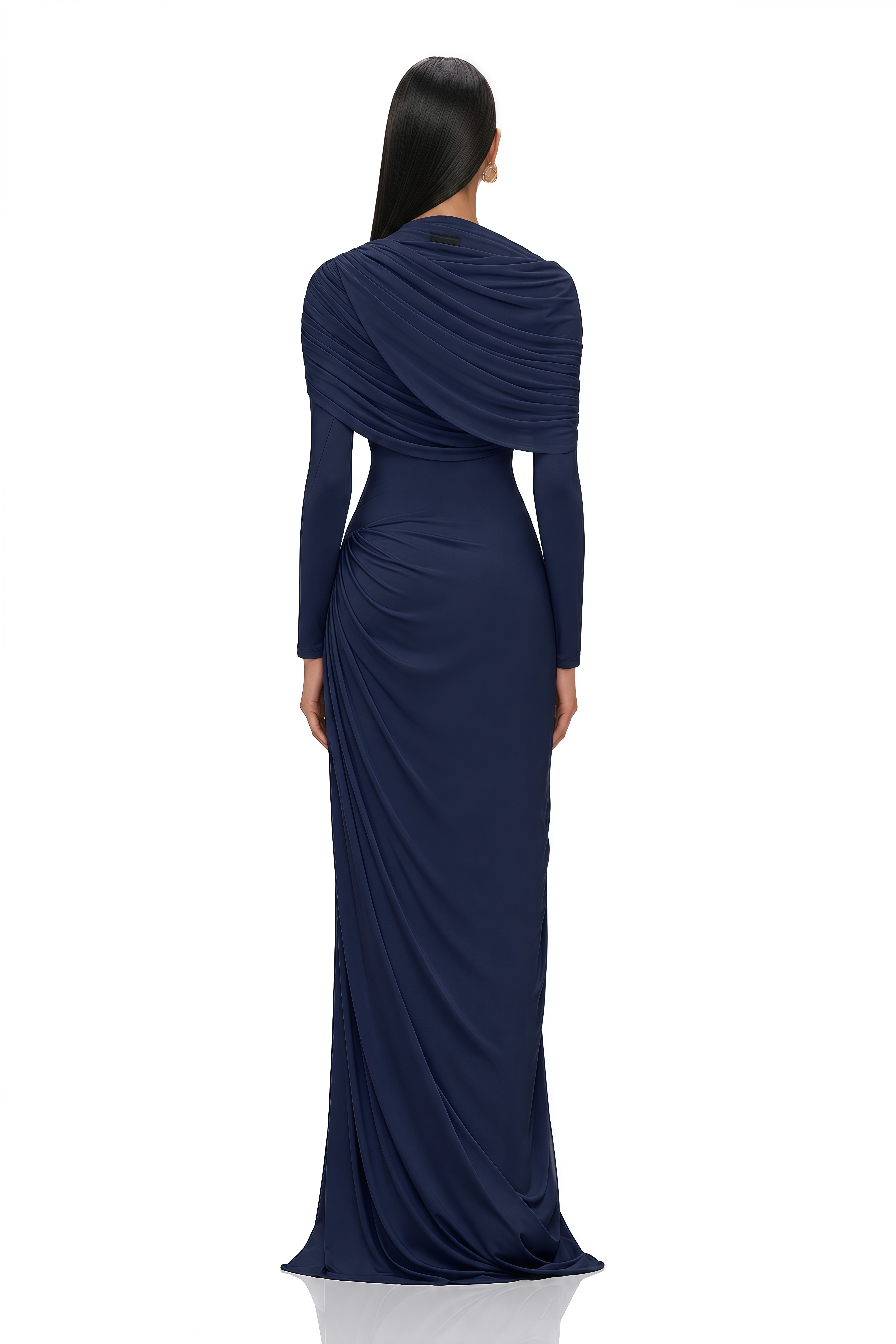 Catherine Navy-Blue Asymmetrical Pleated Long-Sleeve Maxi Dress