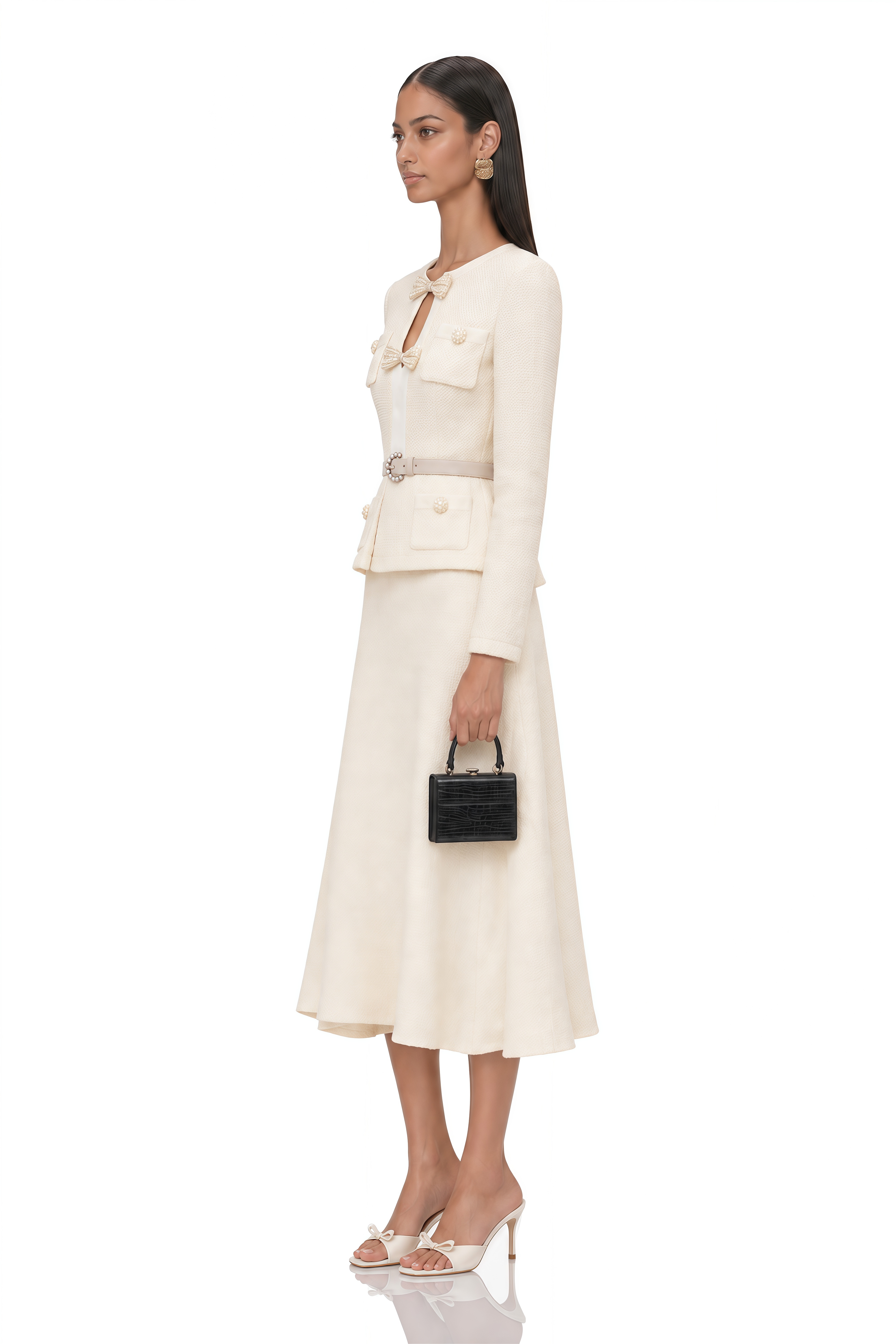 Adélade White Embellished Knit Midi Dress