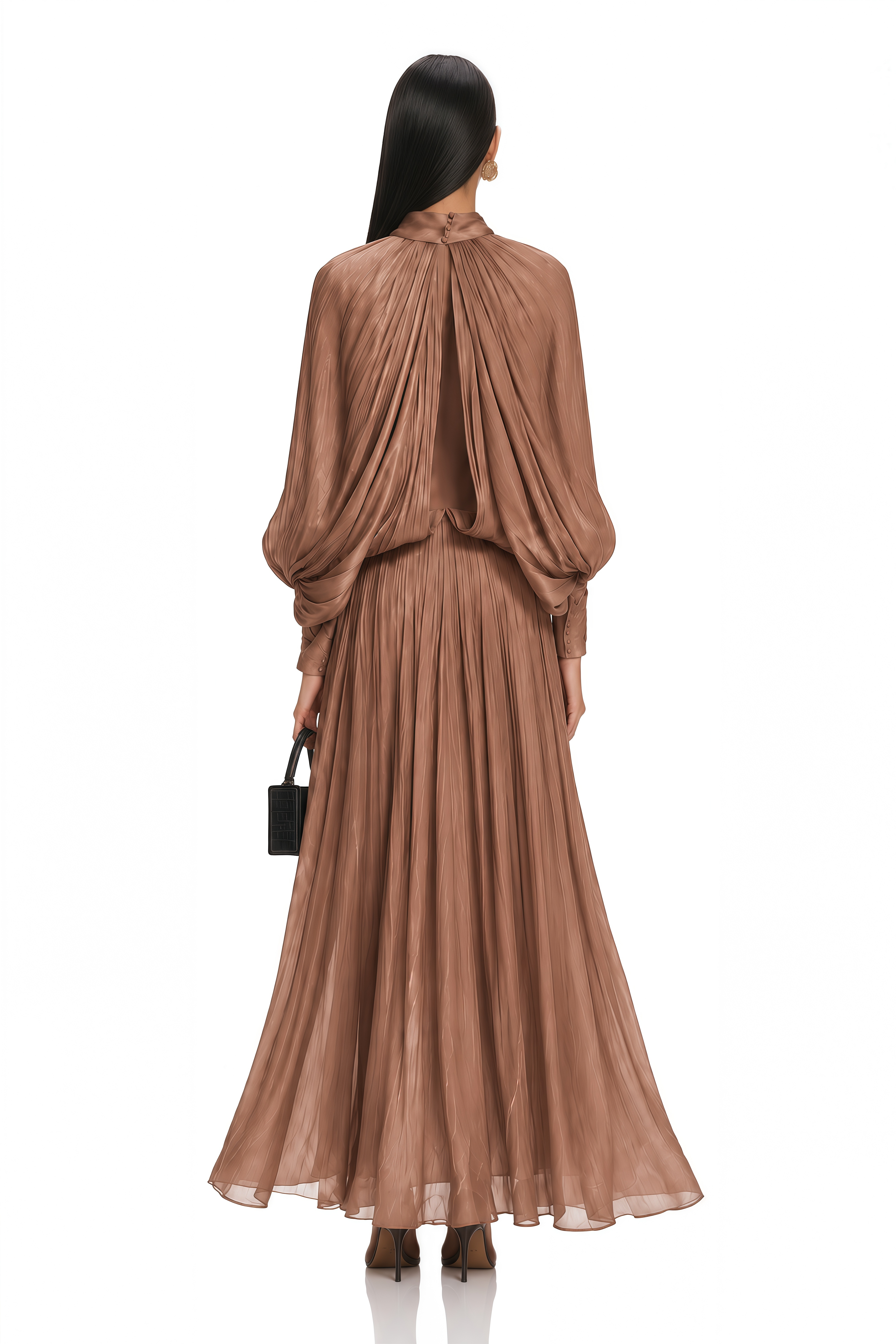 Mila Brown Pleated Satin Maxi Dress