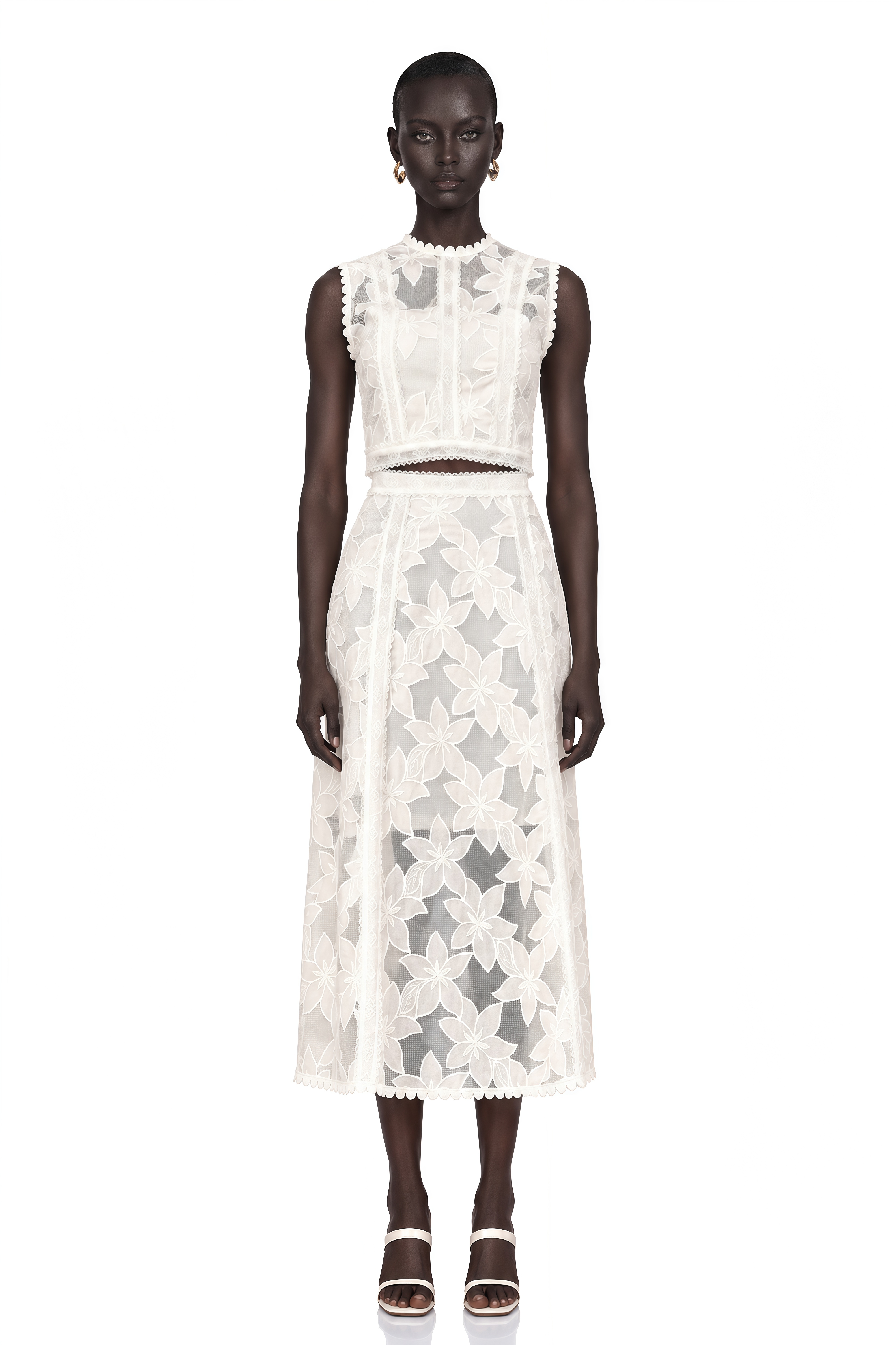 Mailys Floral Embroidered Top & Skirt Set in White