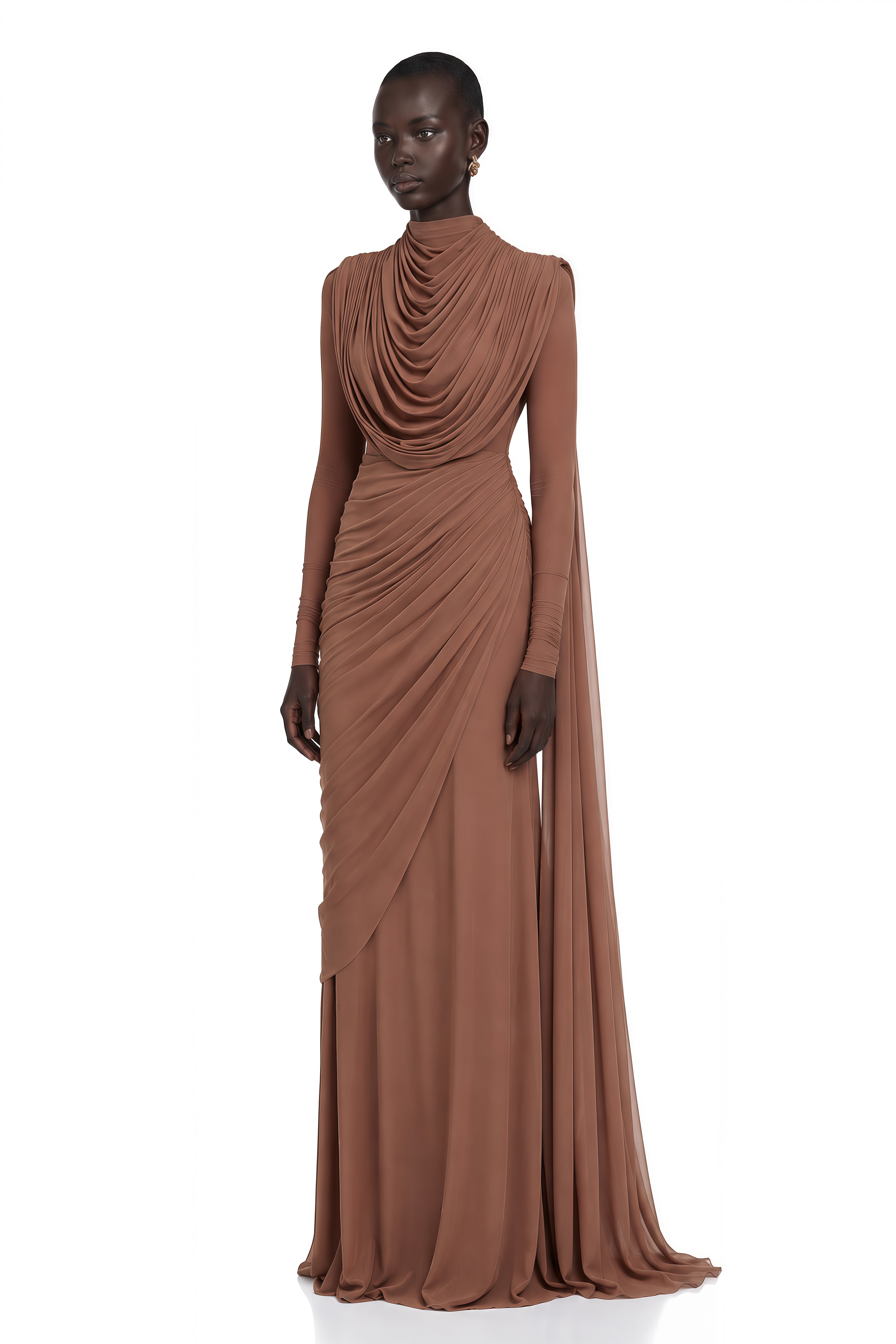 Danaé Brown Shirred-effect Draped Maxi Dress