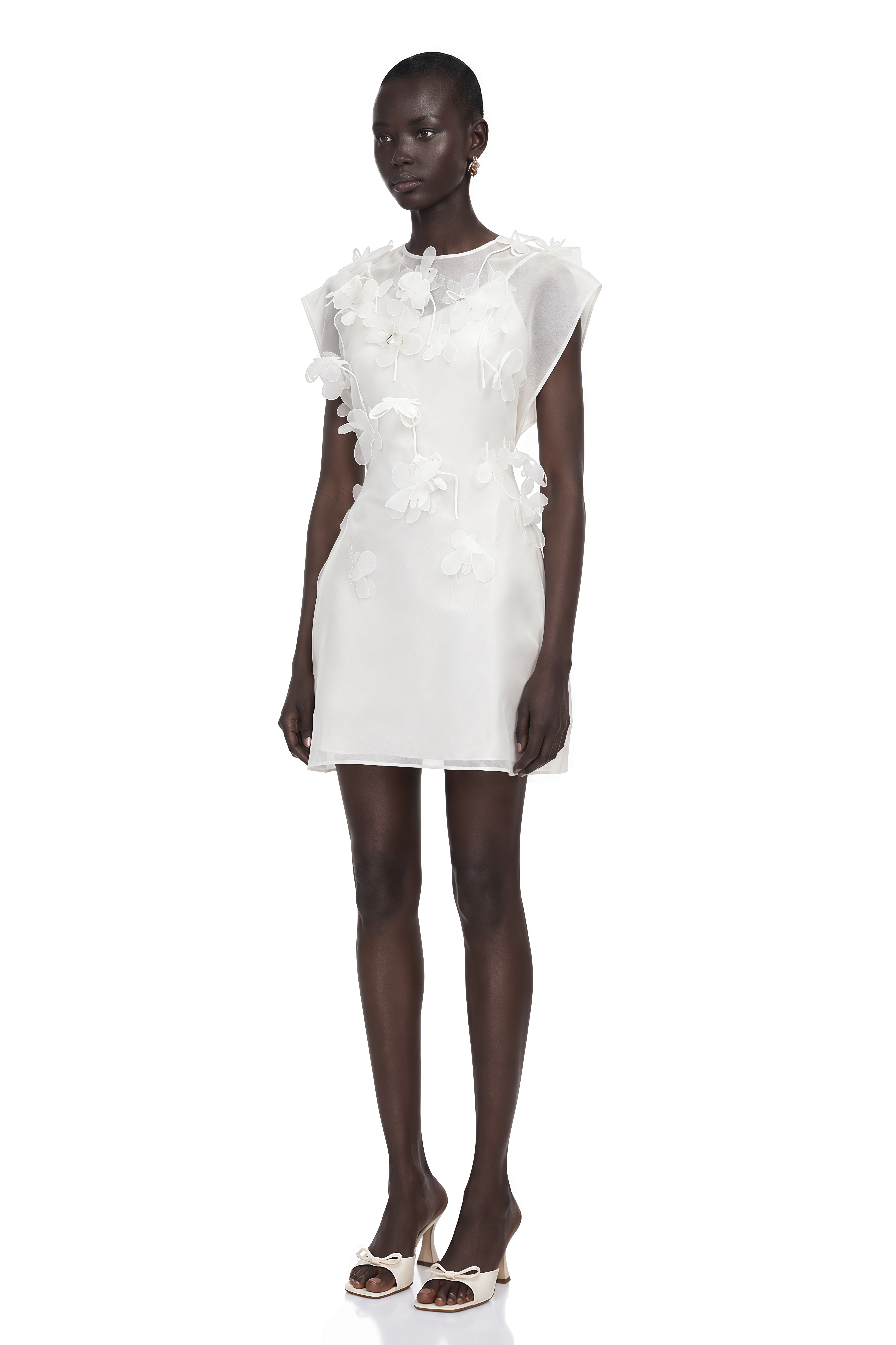 Maryam White Chiffon Mini Dress with 3D Petals