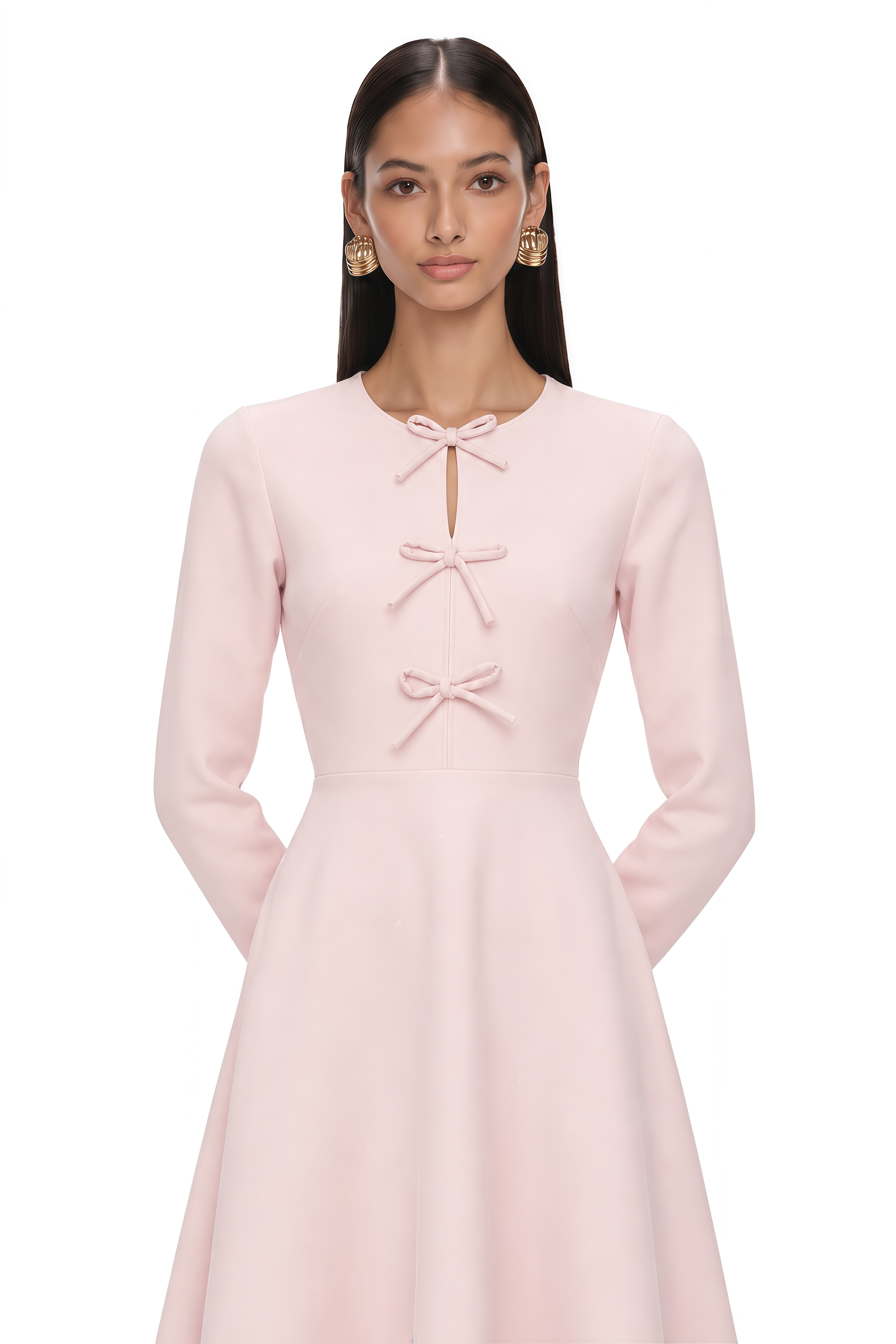 Elise Pink Bow-Detail Split-Neck Midi Dress