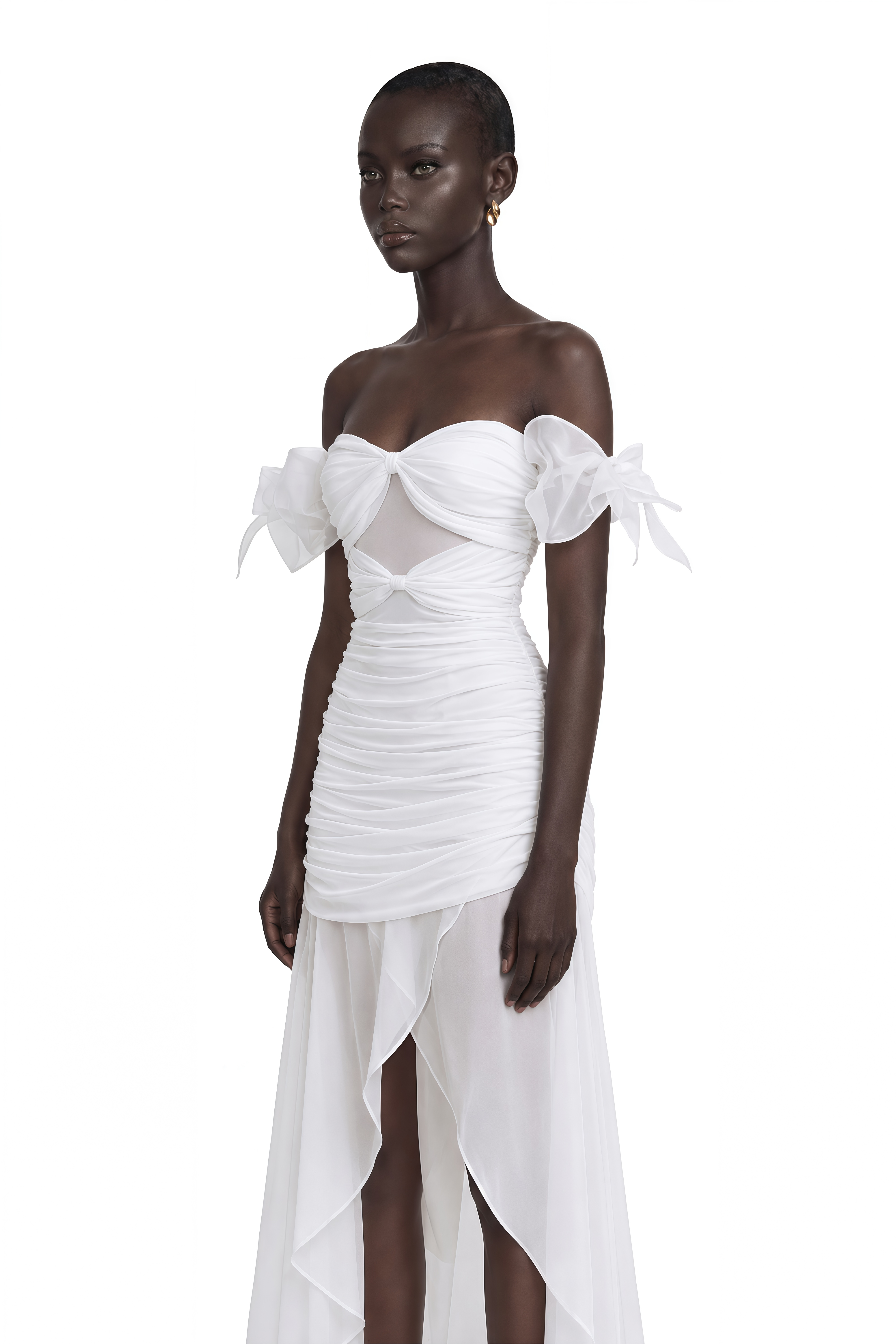 Brandusa White Bowknot Ruched Chiffon Midi Dress