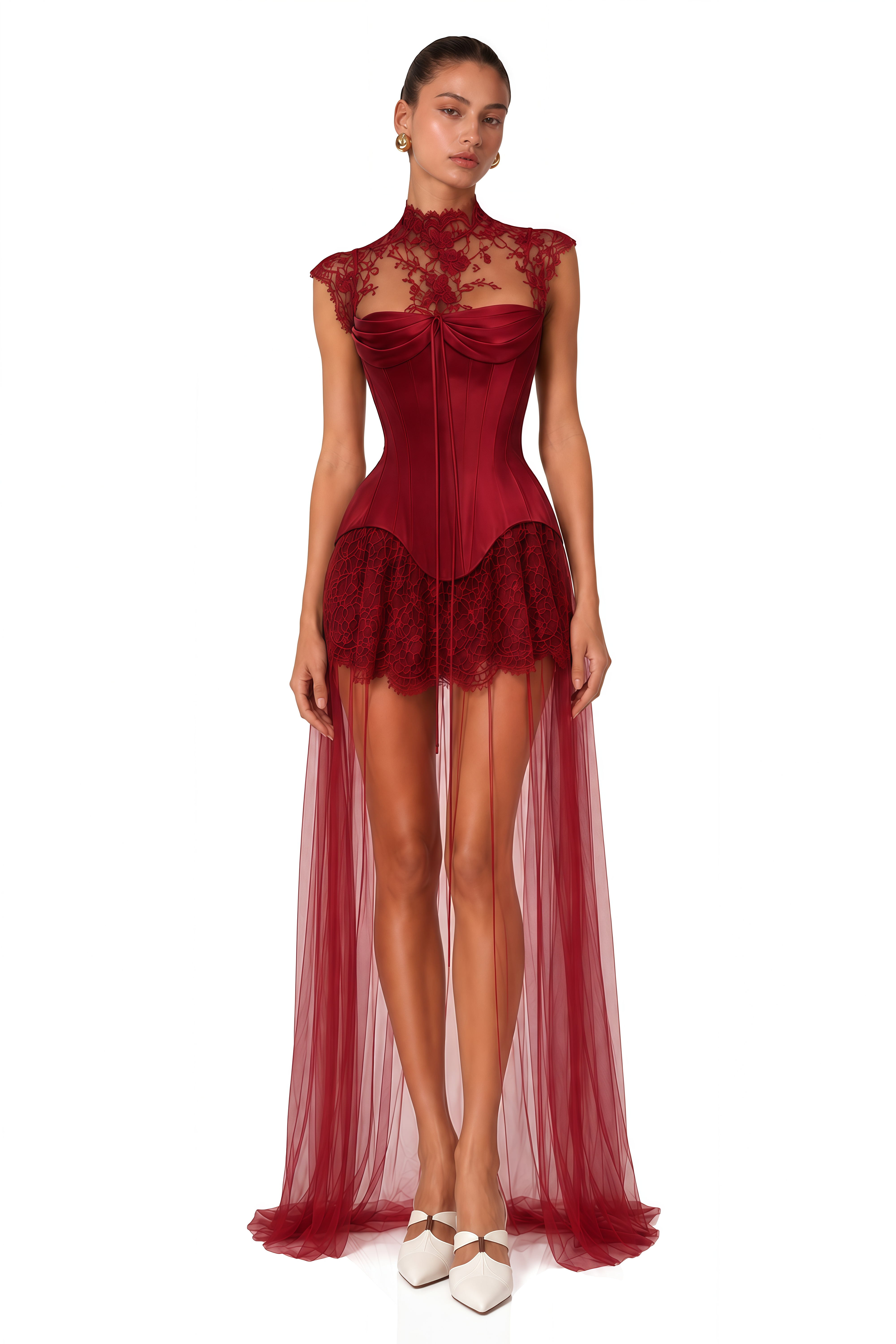 Michalina Red Lace Convertible Gown with Detachable Skirt