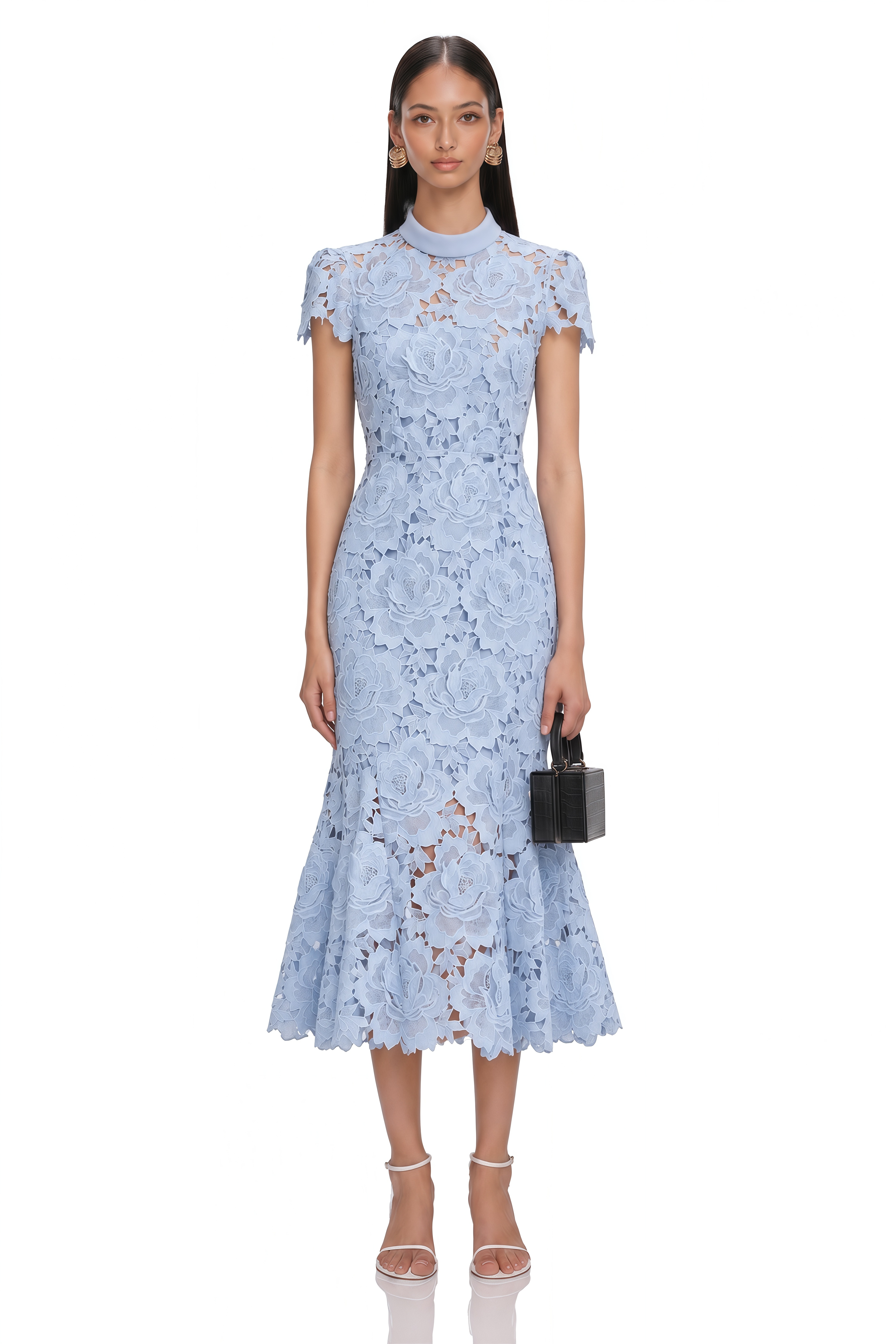 Aurore Blue Floral Appliqué Lace Midi Dress