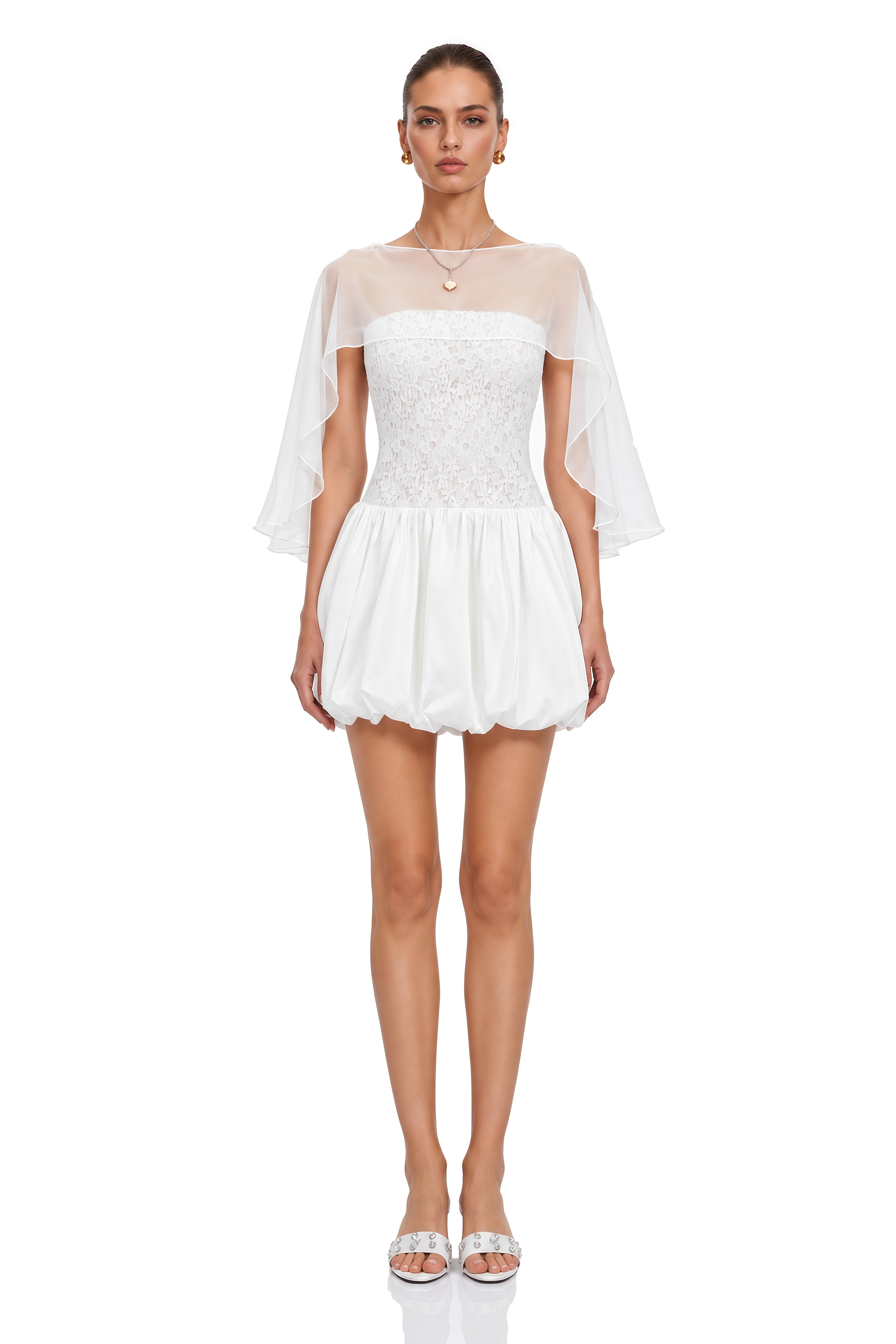 Agnes White Off Shoulder Floral Panel Puffball Mini Dress with Cape
