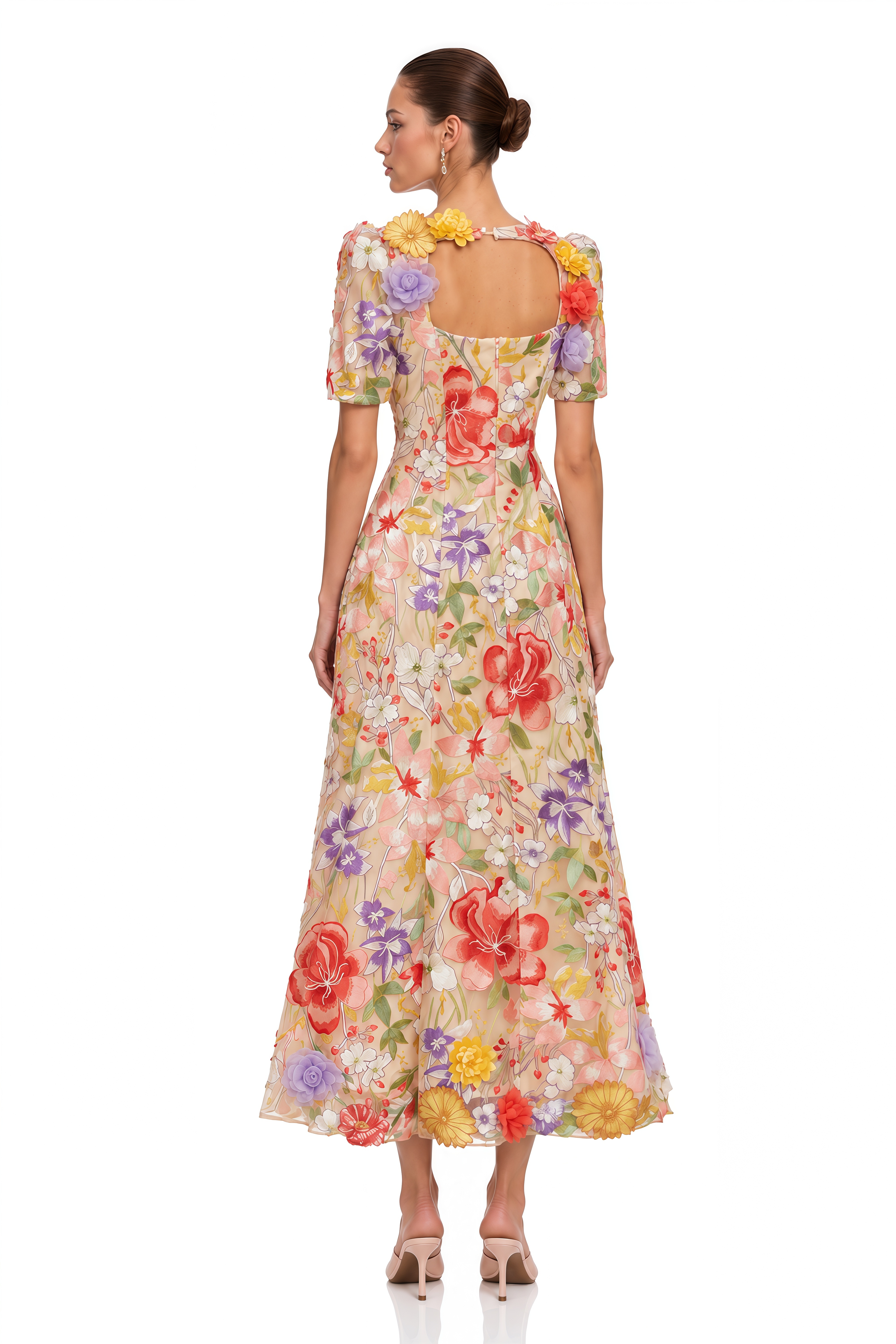 Darcy Neutral Floral Embroidered Tulle Midi Dress
