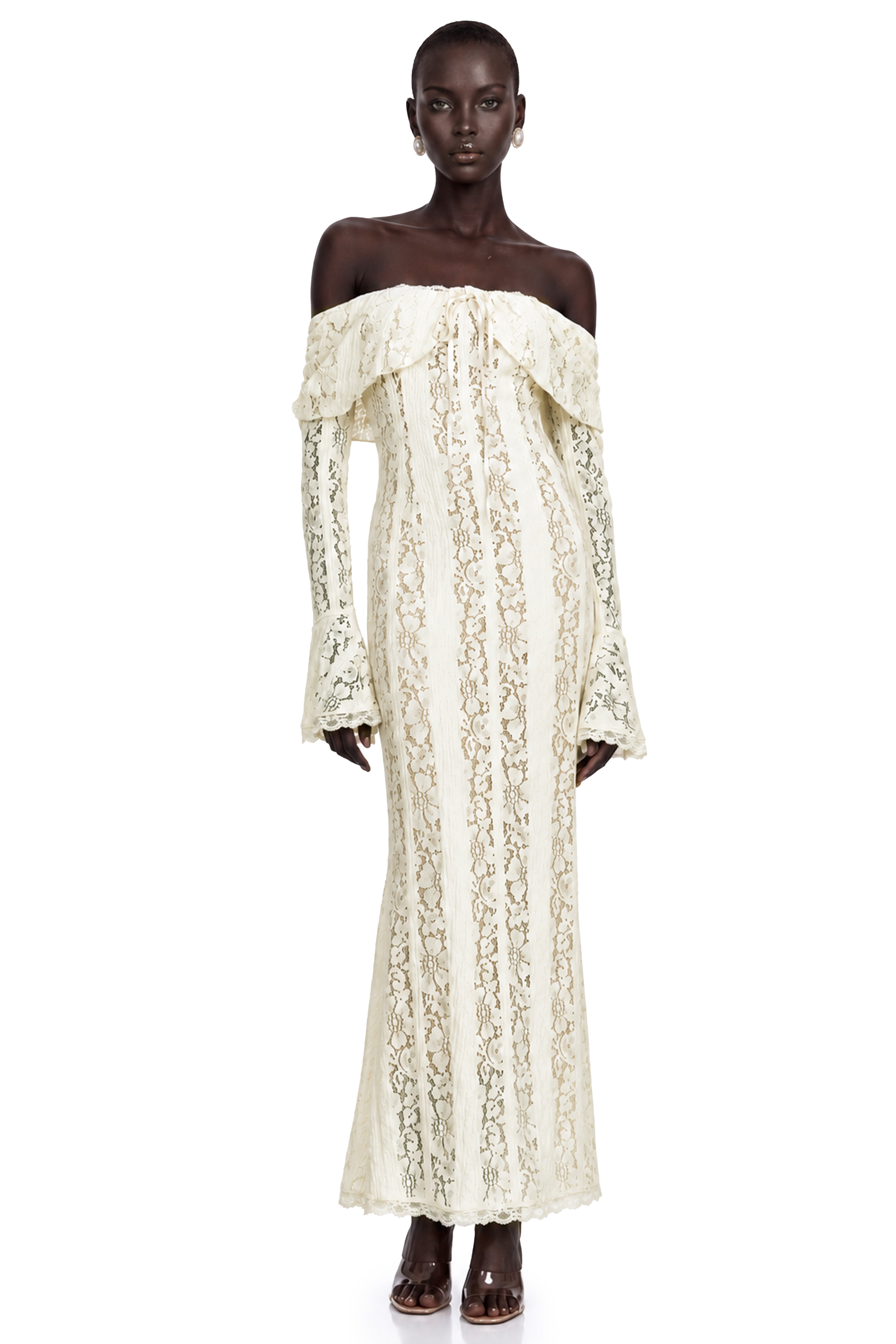 Cream off-the-shoulder lace gown with long bell sleeves