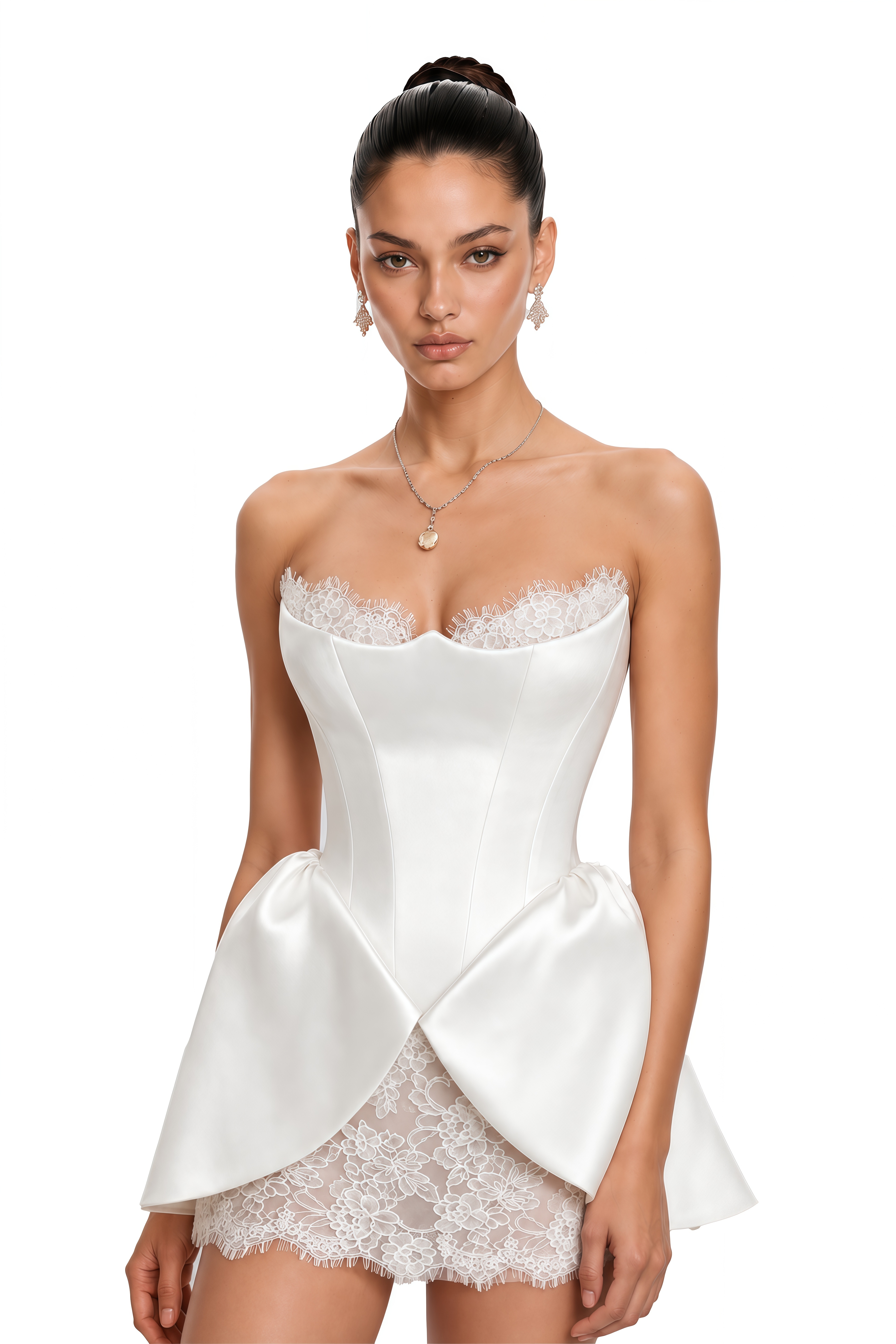 Tiphaine White Sweetheart Lace Ruffled Mini Dress