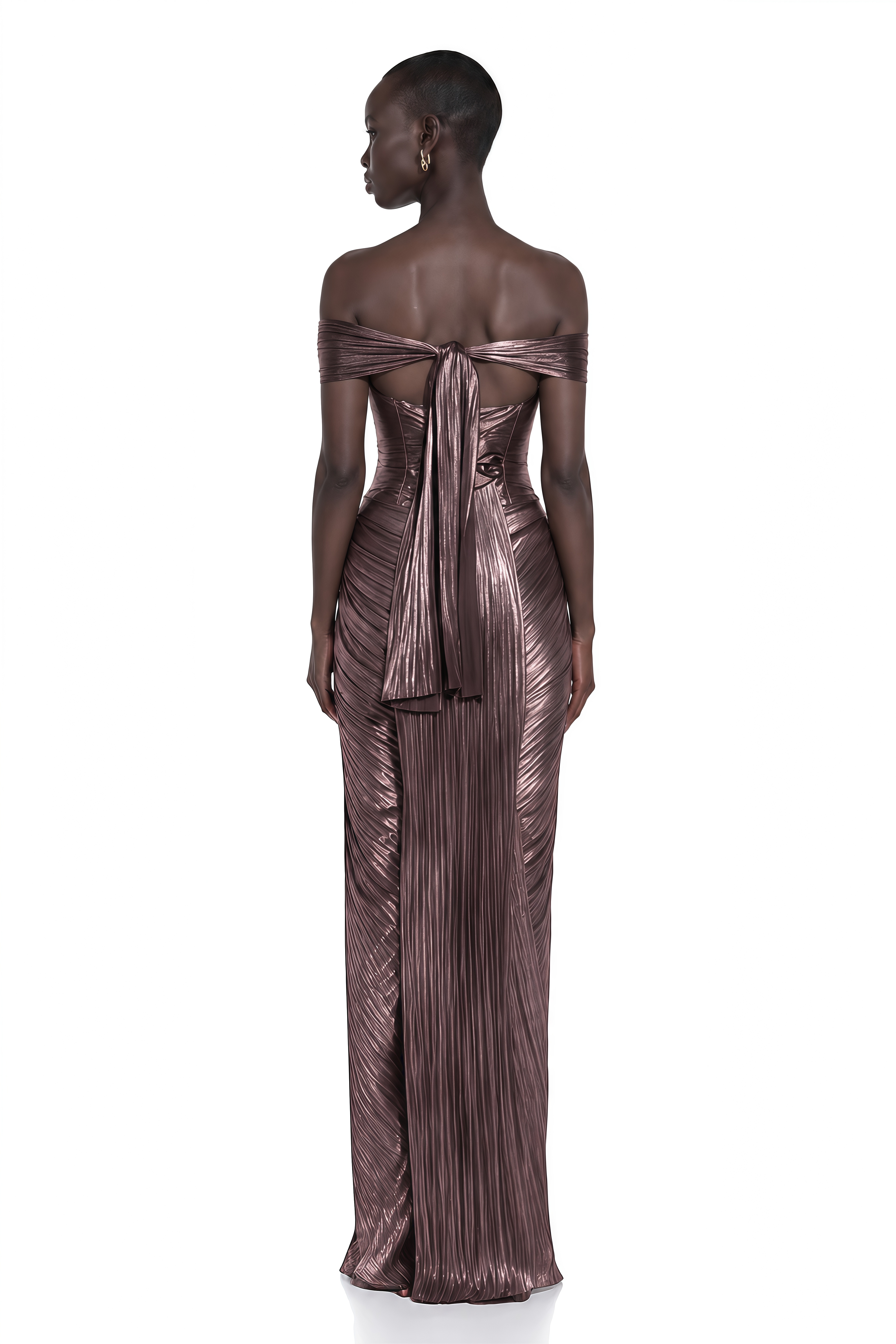 Pérola Bronze Gold Metallic Off Shoulder Maxi Dress