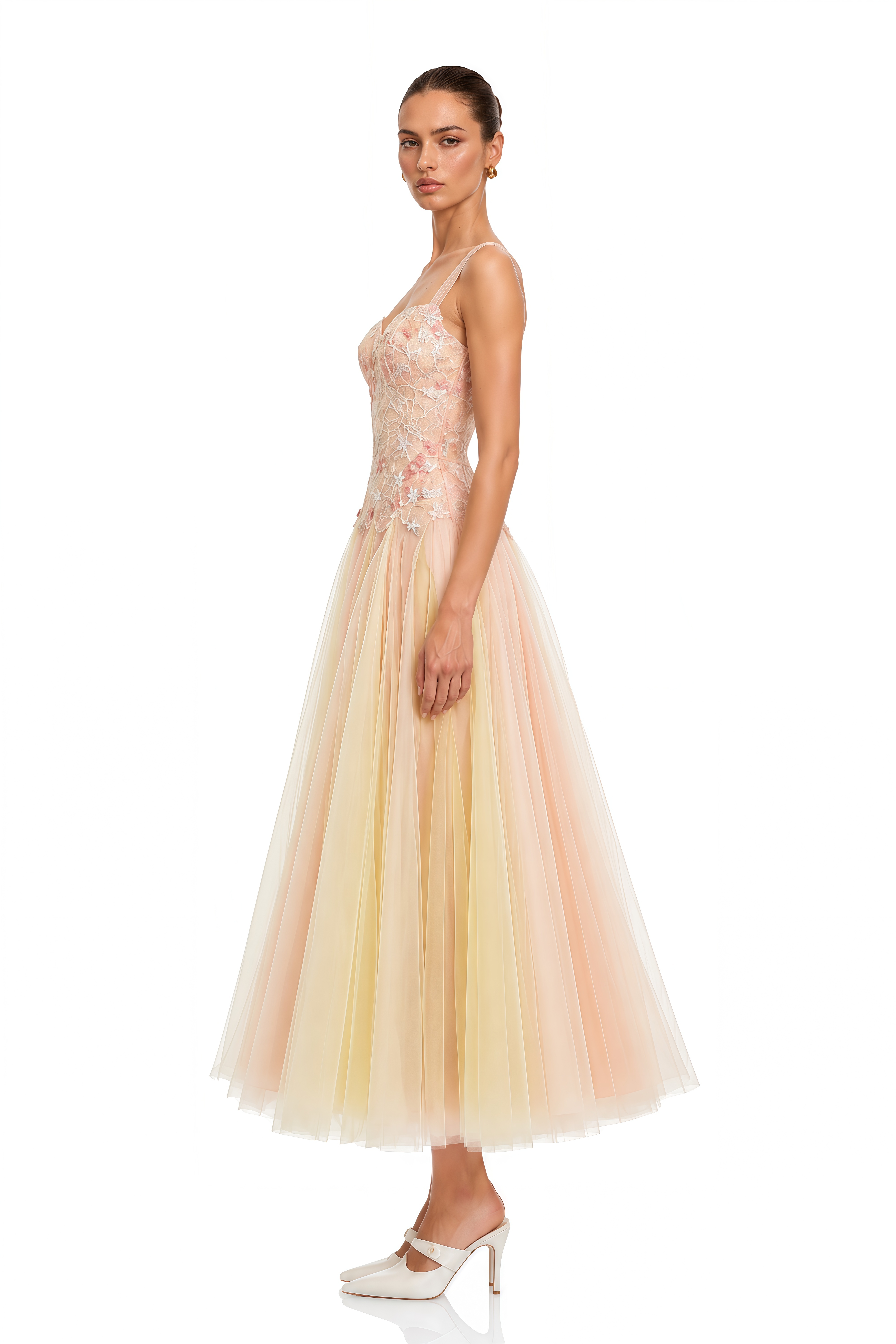 Remi Neutral Sequined Embroidered Tulle Midi Dress