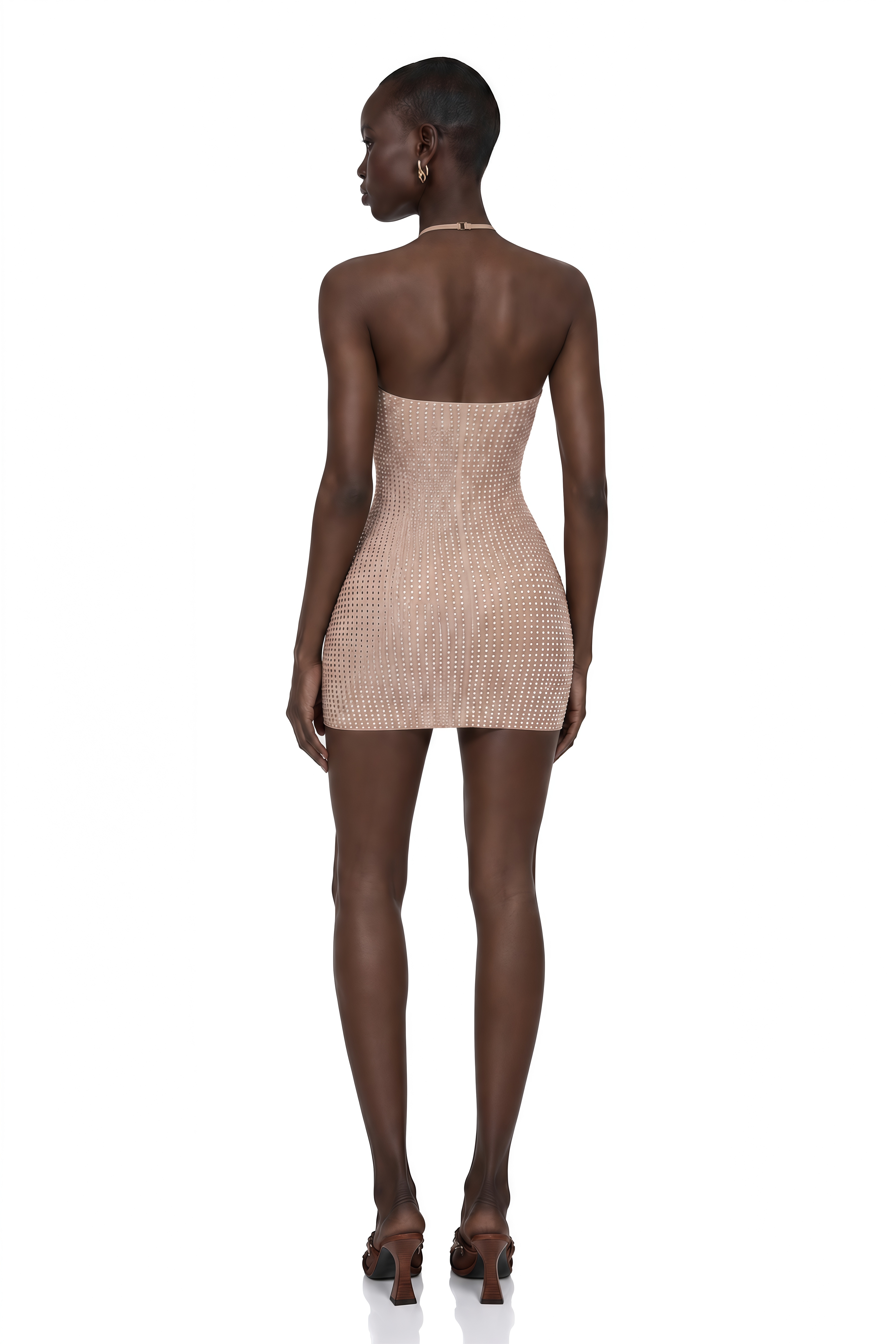 Luminita Neutral Halterneck Rhinestone Mini Dress