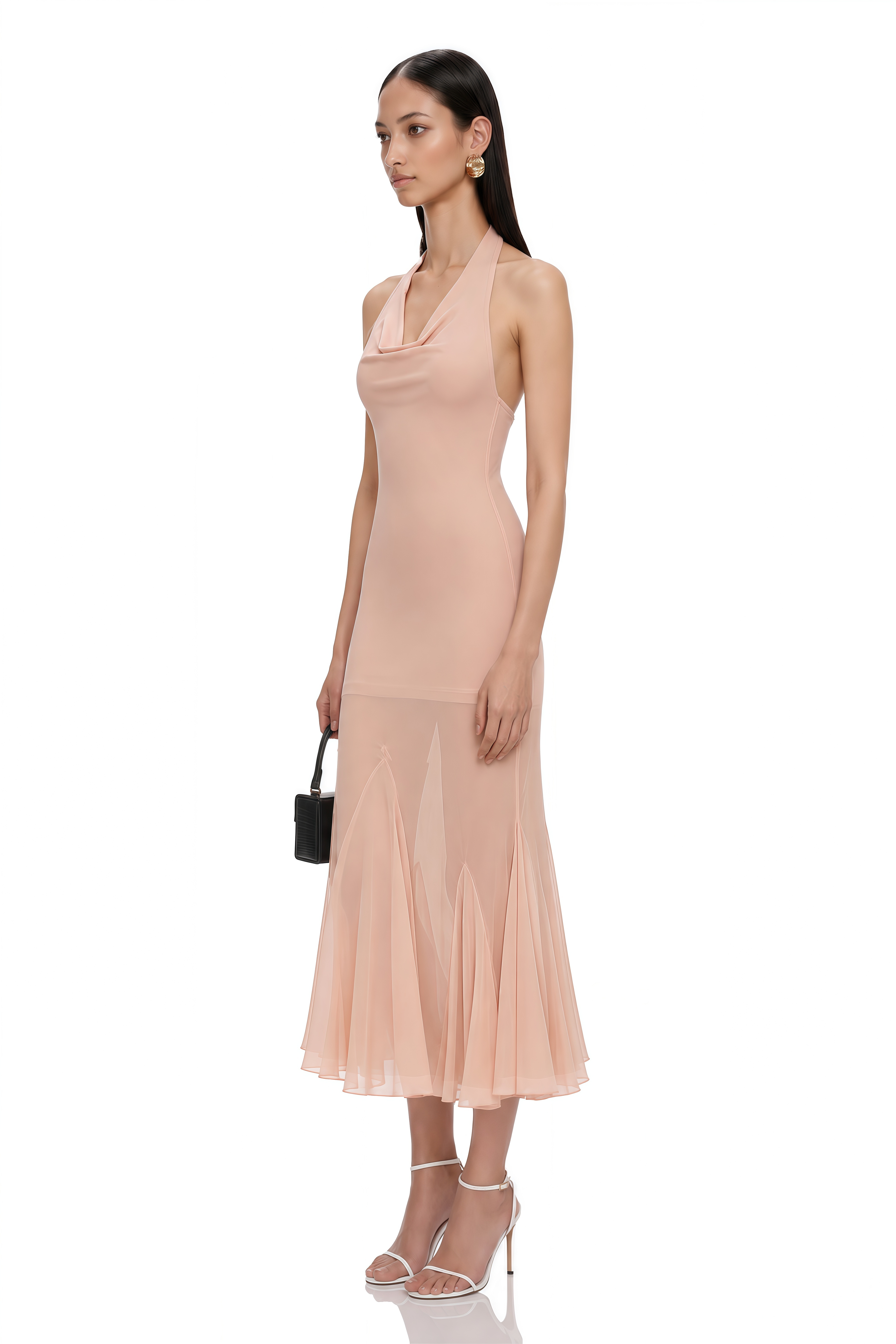 Marianne Pink Halterneck Mermaid Mesh Midi Dress