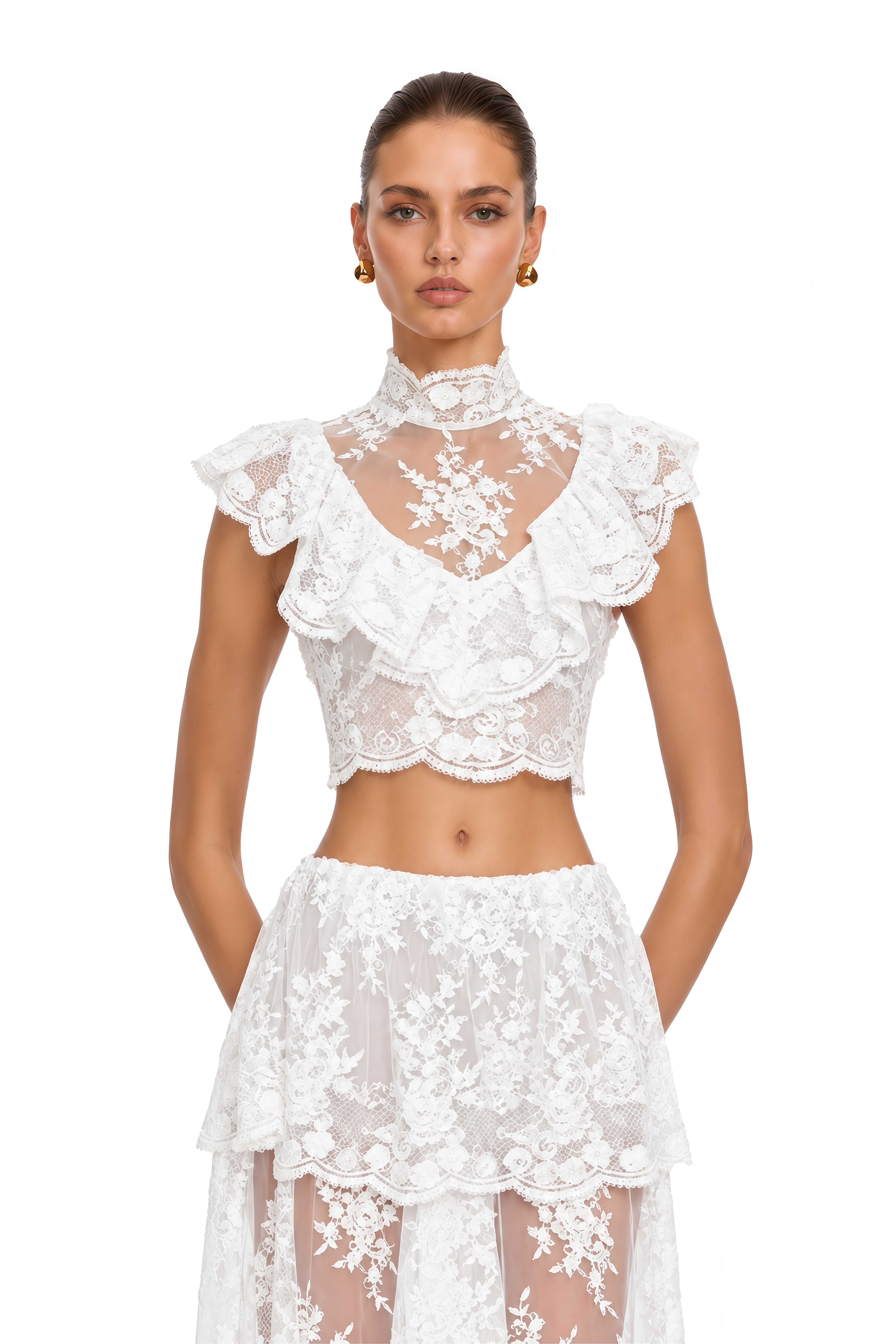 Corinne White Floral Lace Ruffled Top & Skirt Set