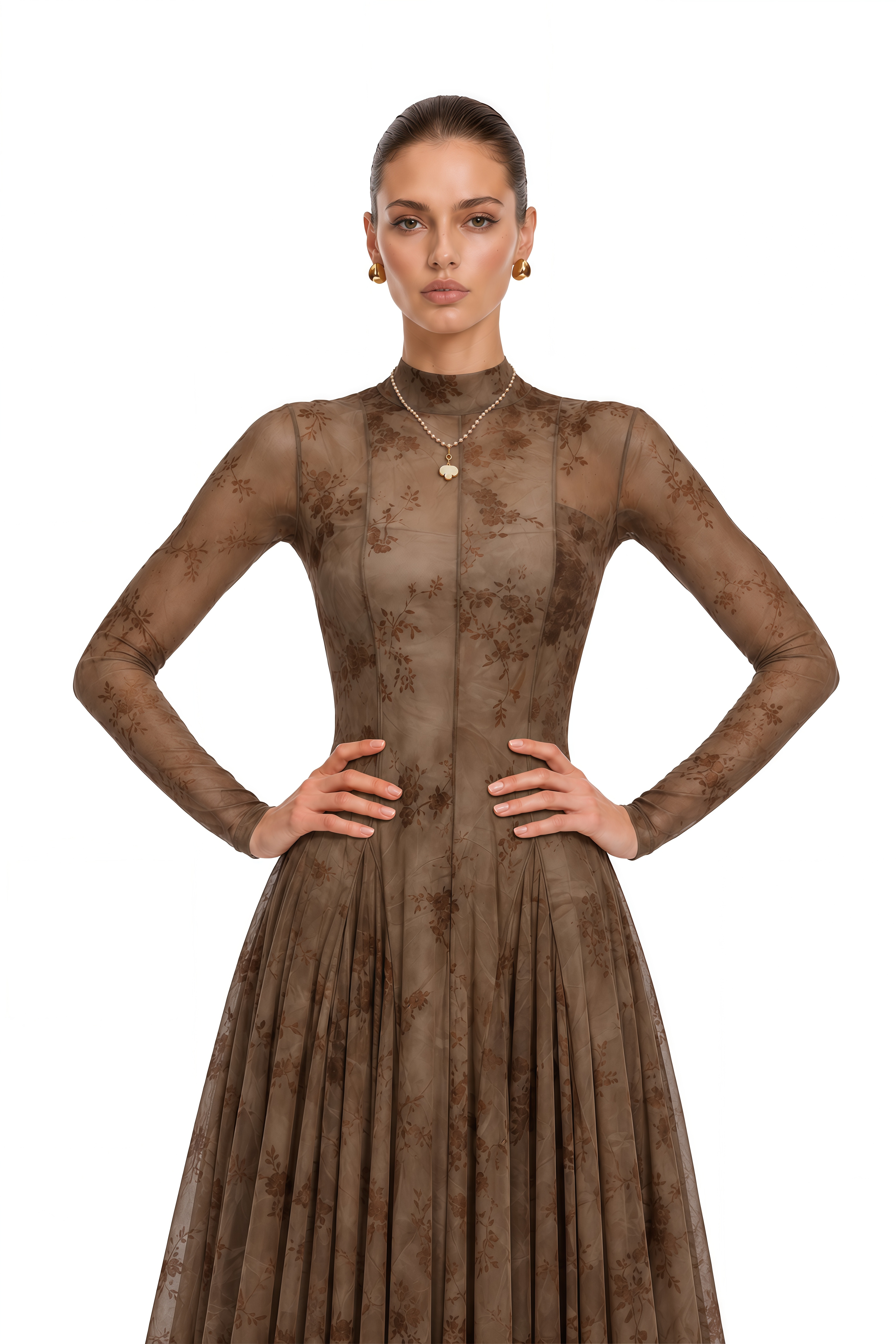 Ariadne Brown Flocked Tulle Maxi Dress