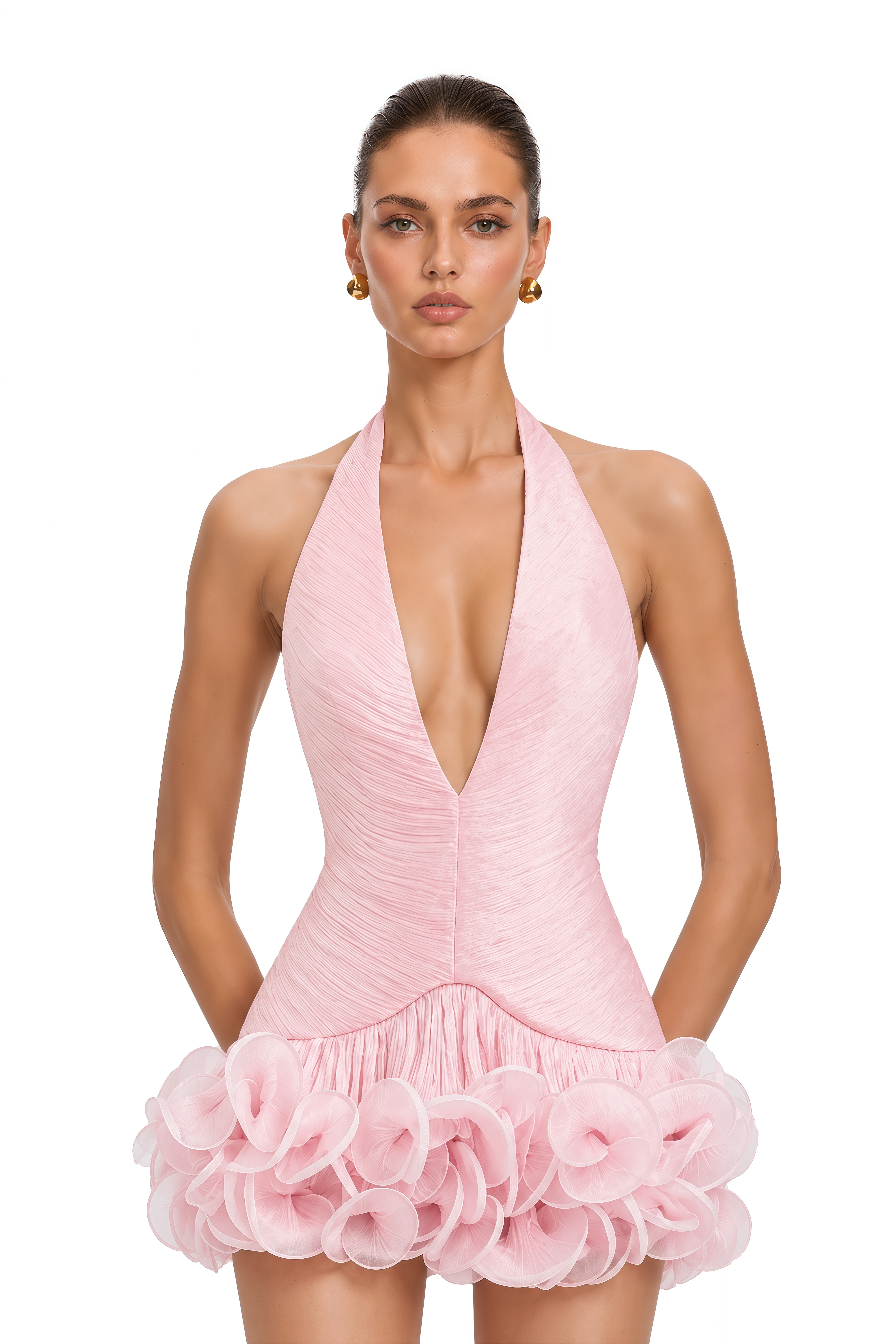 Aurora Pink Plunge Neck Ruched Mini Dress