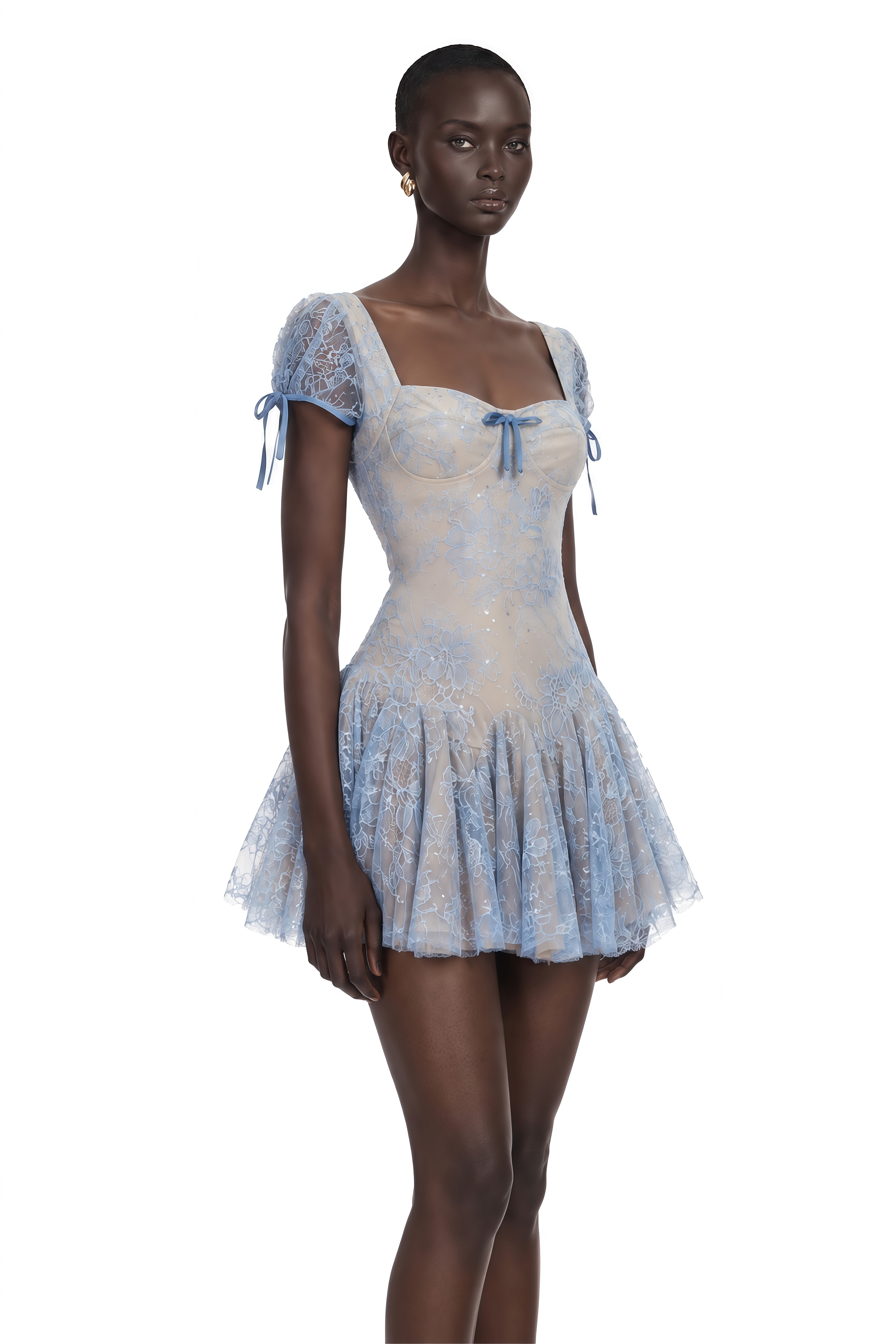 Ruslana Dusty Blue Ruched Lace Mini Dress