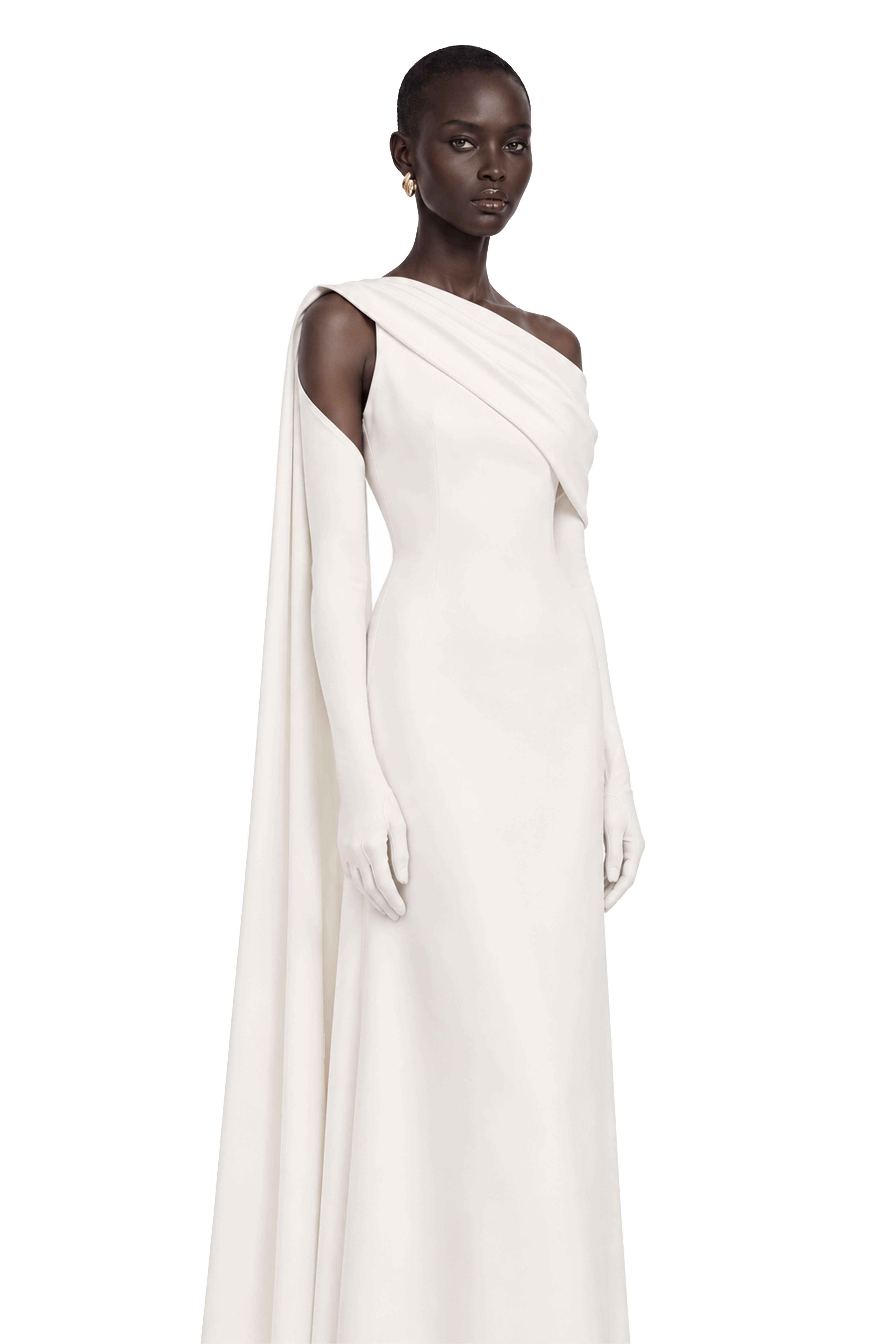 Annabelle White Cape-Design Ribbon Maxi Dress (Without Gloves)