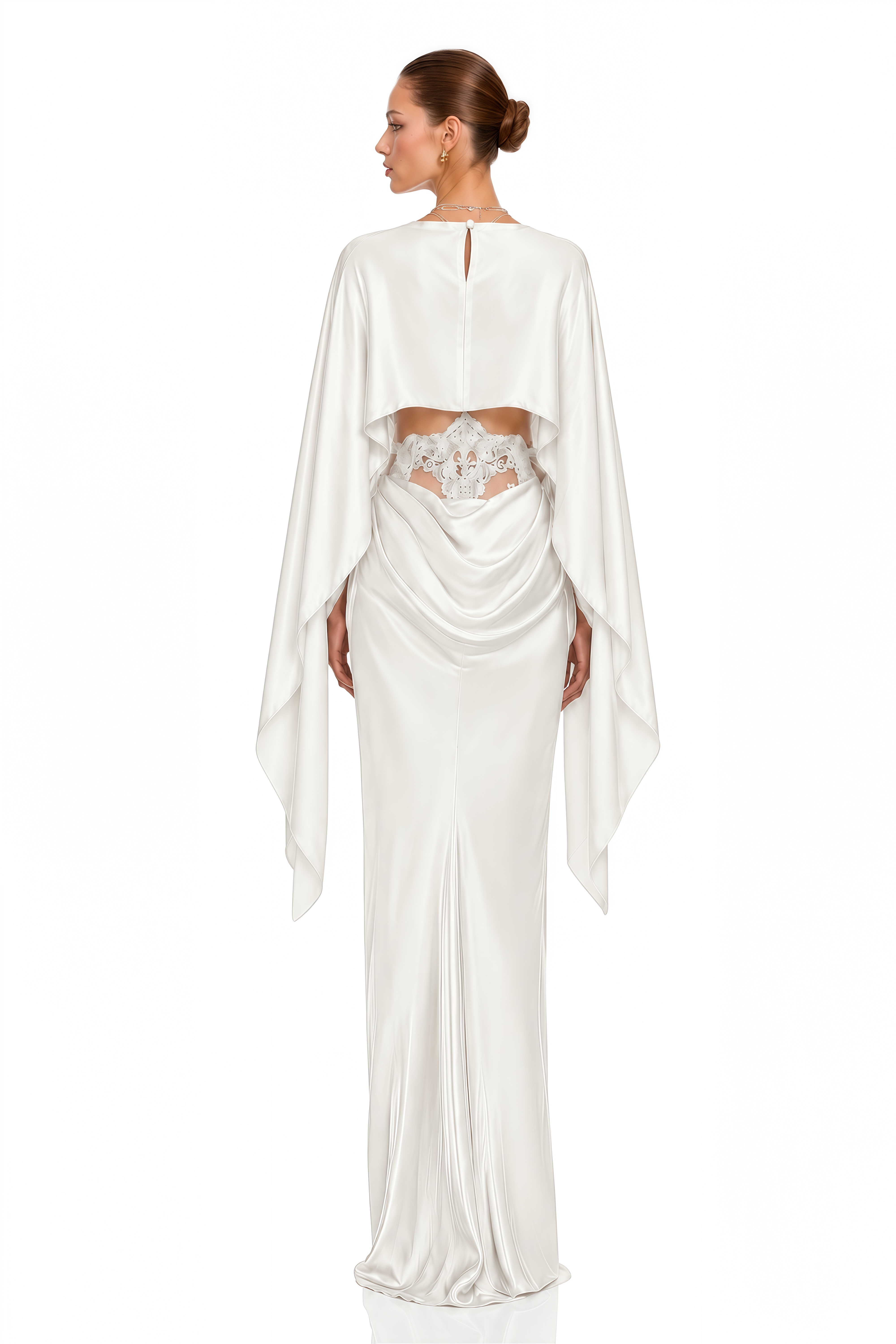 Amelia White Cape Top & Draped Skirt Set with Lace Panels