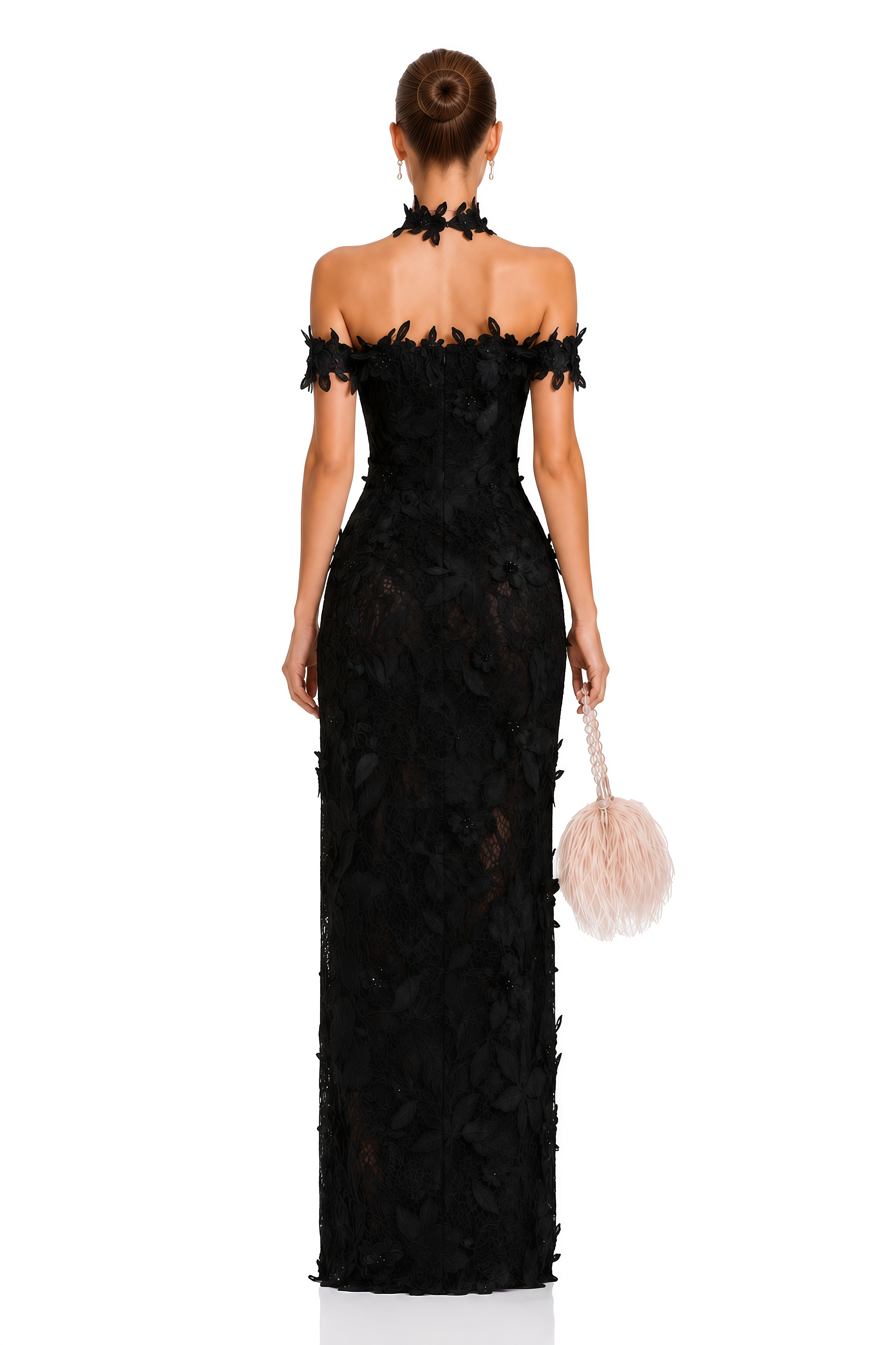 Hecate Black Beaded Lace Maxi Dress with 3D Florals