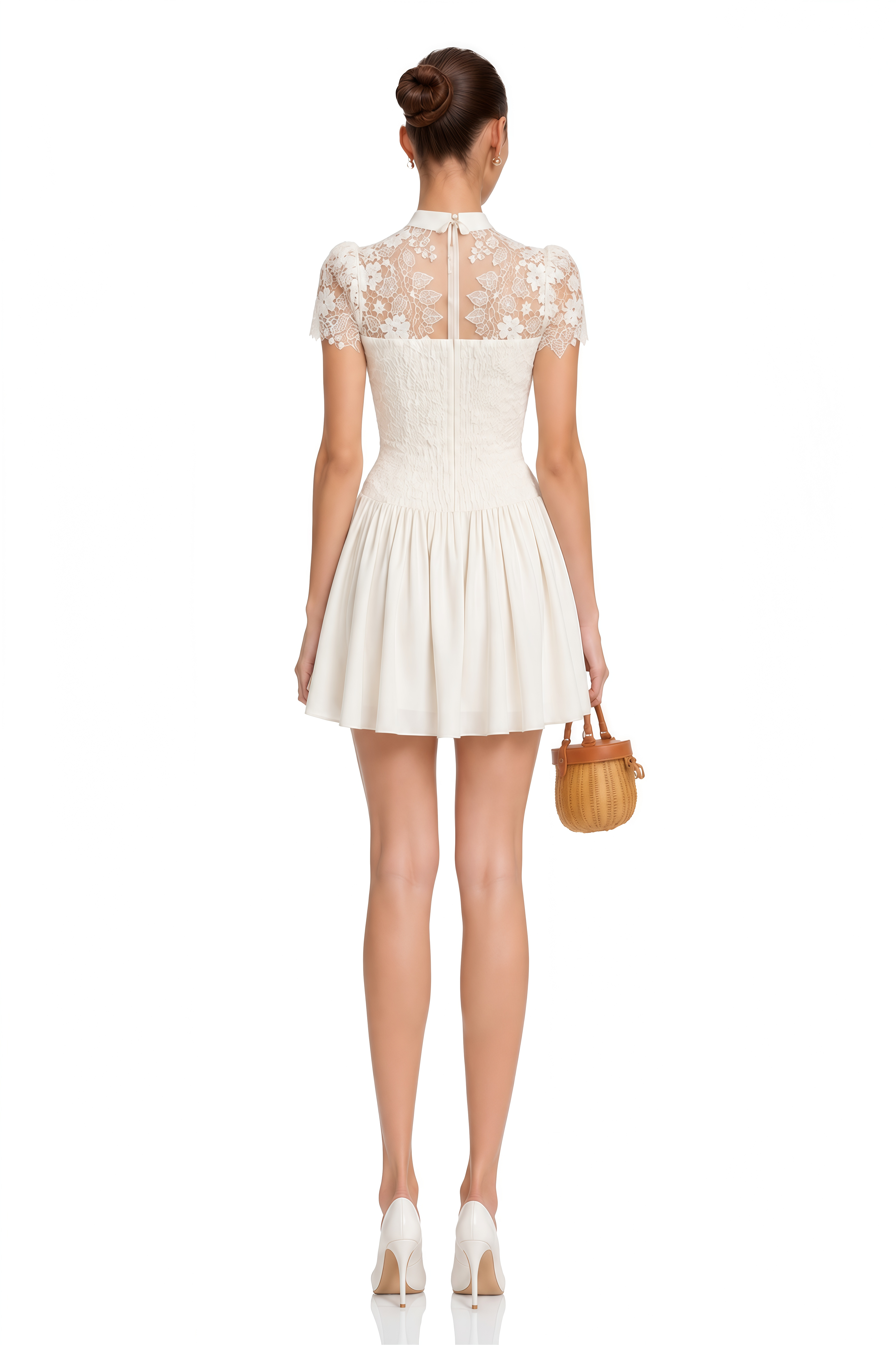 Melusine White Lace Mini Dress with Cape Sleeves